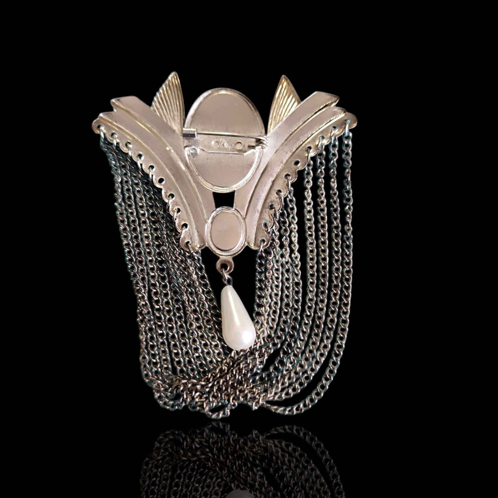 Art Deco Revival Style Porcelain Portrait Silver Tone Plate Brooch Pin