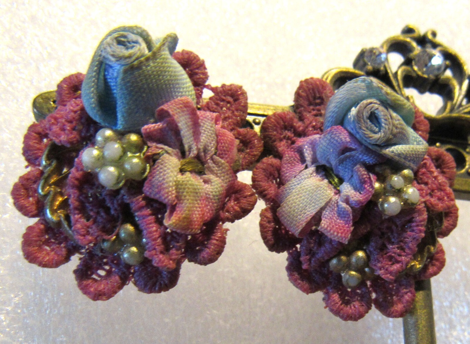 Vintage Crocheted Violet Mauve Tiny Faux Pearls Pale Blue Satin Roses Earrings