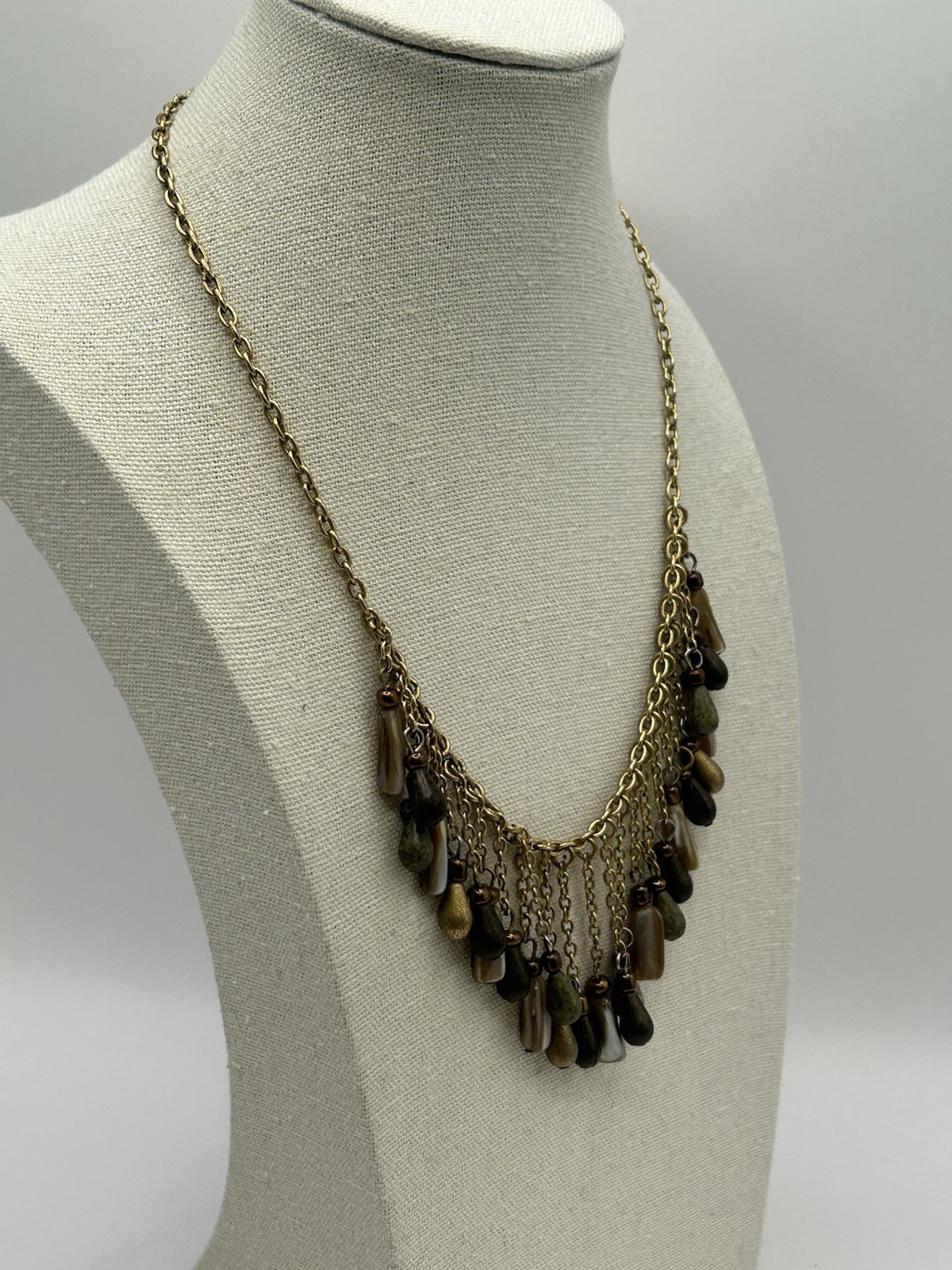 Vintage Boho Fringe Necklace Gold Tone Multi Stone Dangle Bib Statement Earthy