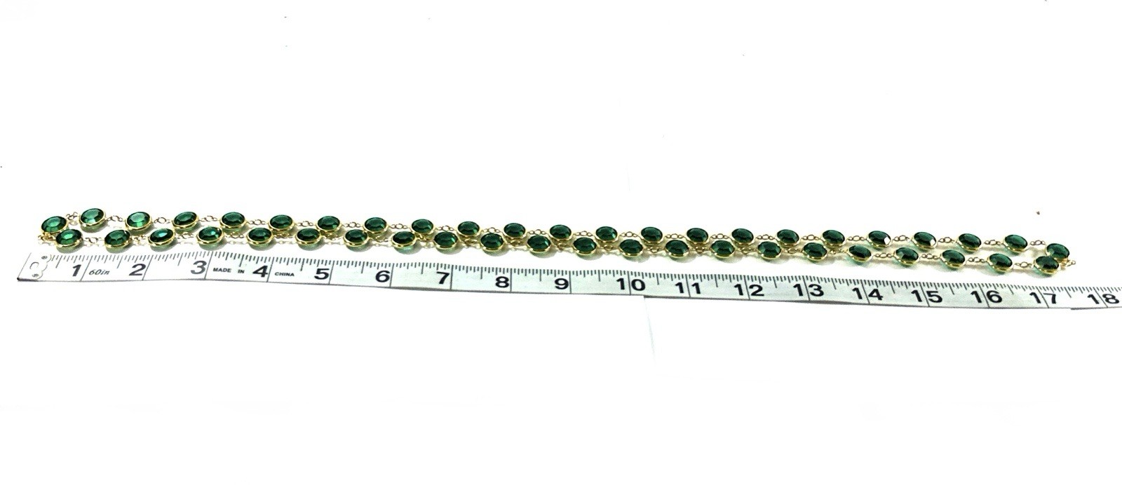Long Gold Tone Emerald Green Crystal Station Necklace Faceted Bezel Set 36”