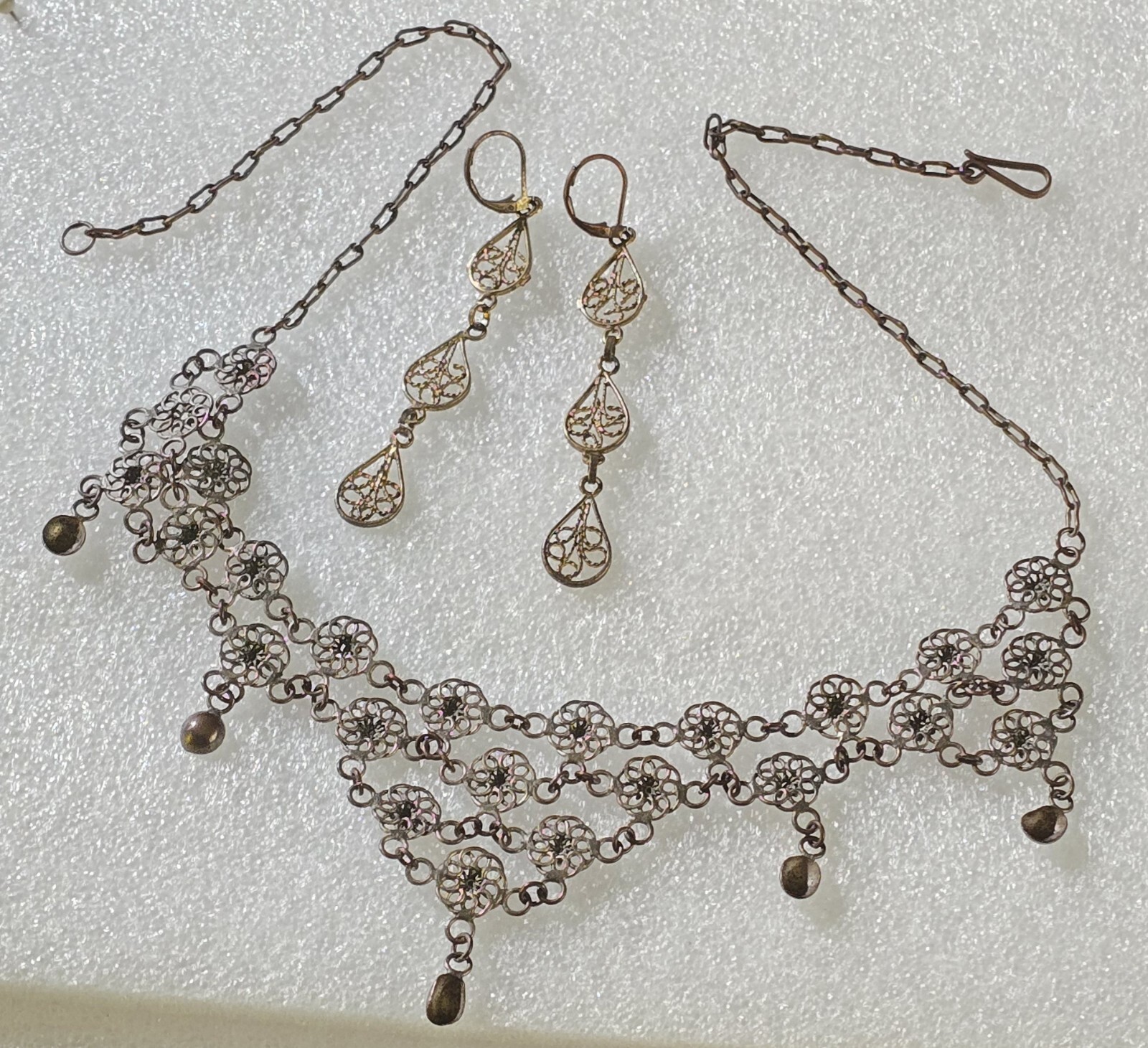 Vintage Etruscan Chain Mail Dangle Necklace & Cannetille Drop Pierced Earrings