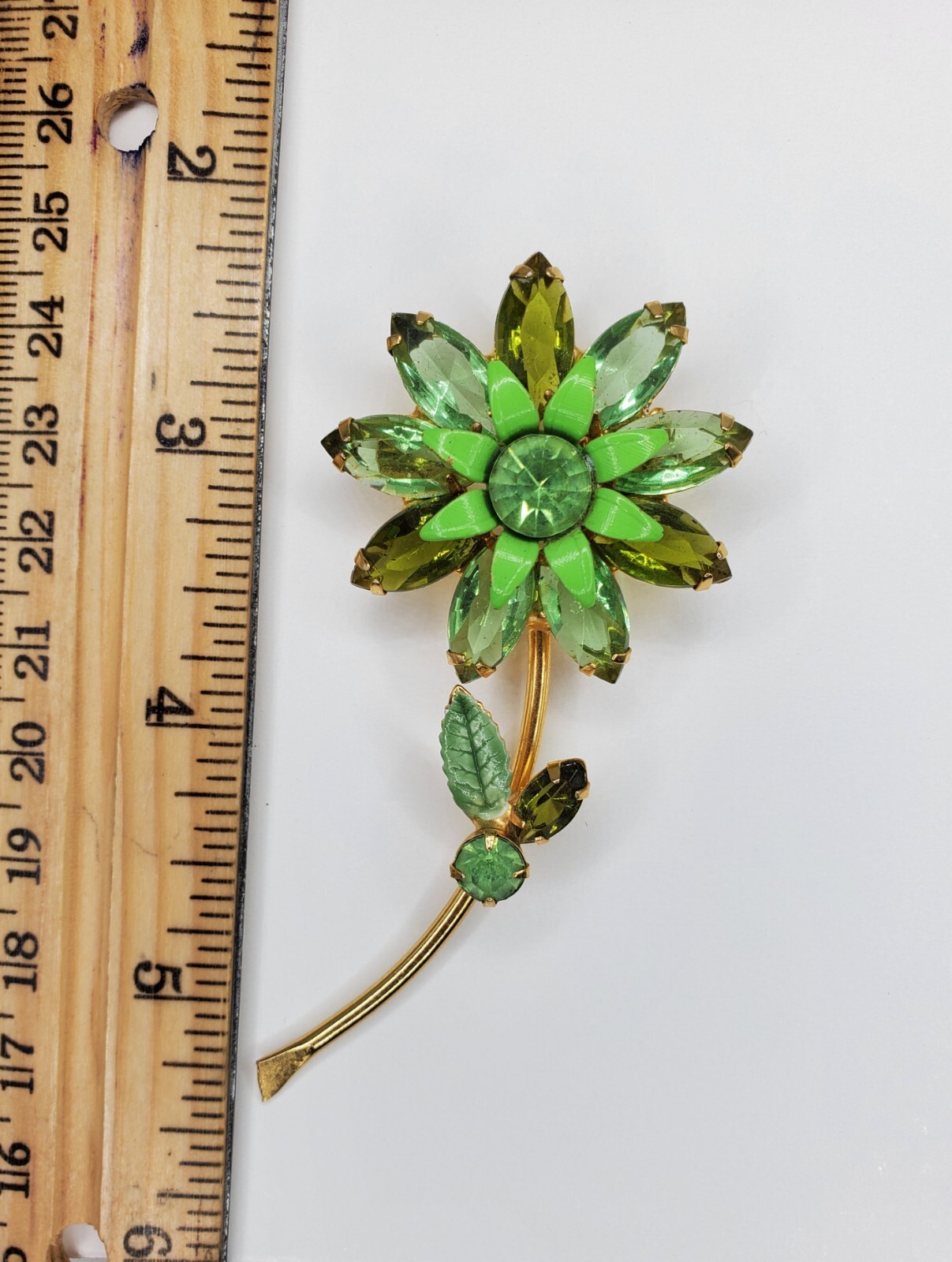 Vintage Adorable Open Back Green Glass , Rhinestones & Enamel Flower Brooch