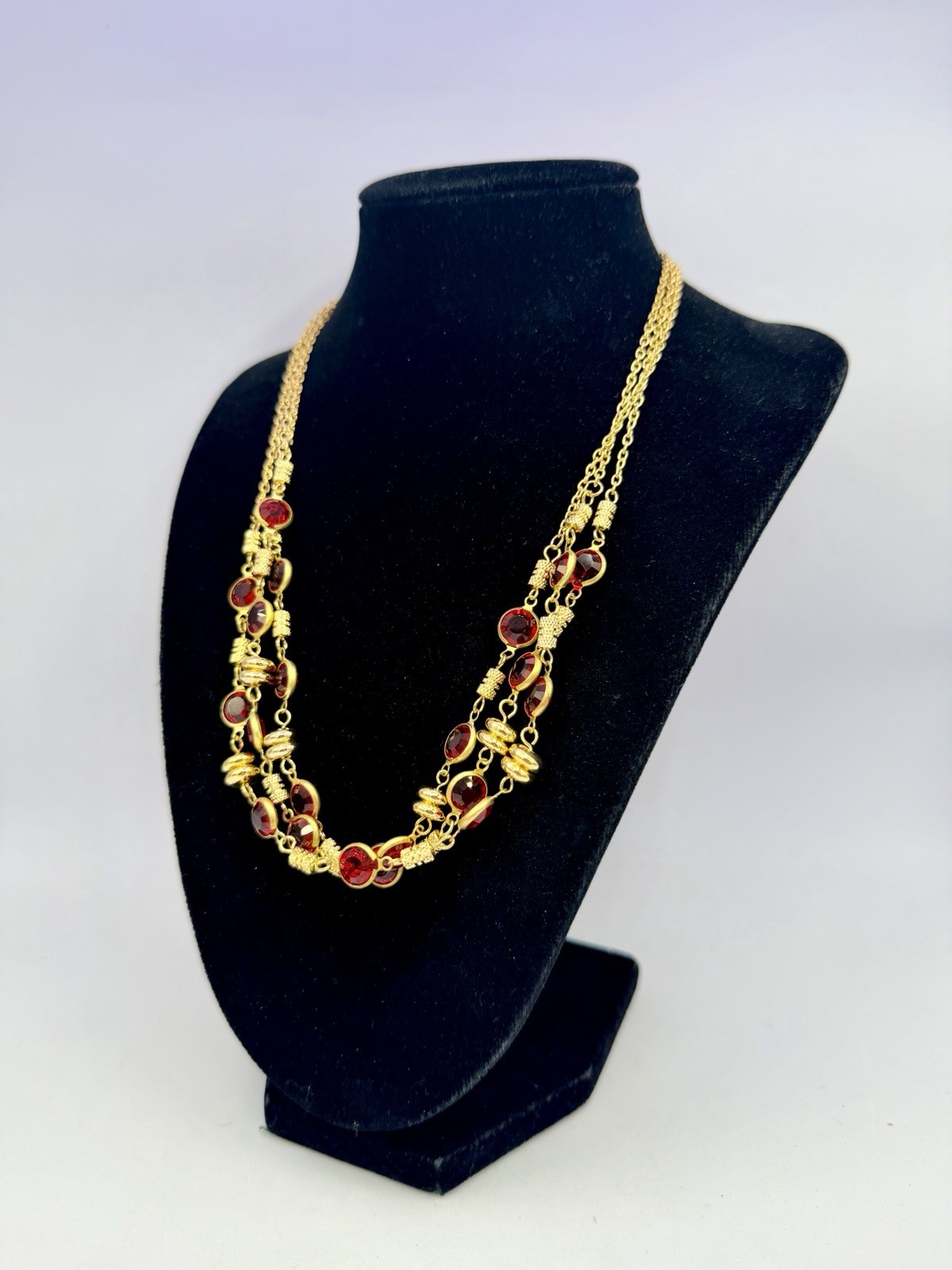 1 Pc Vintage Gold NOS Made With Red Swarovski Crystal Chain Necklaces 18” KR