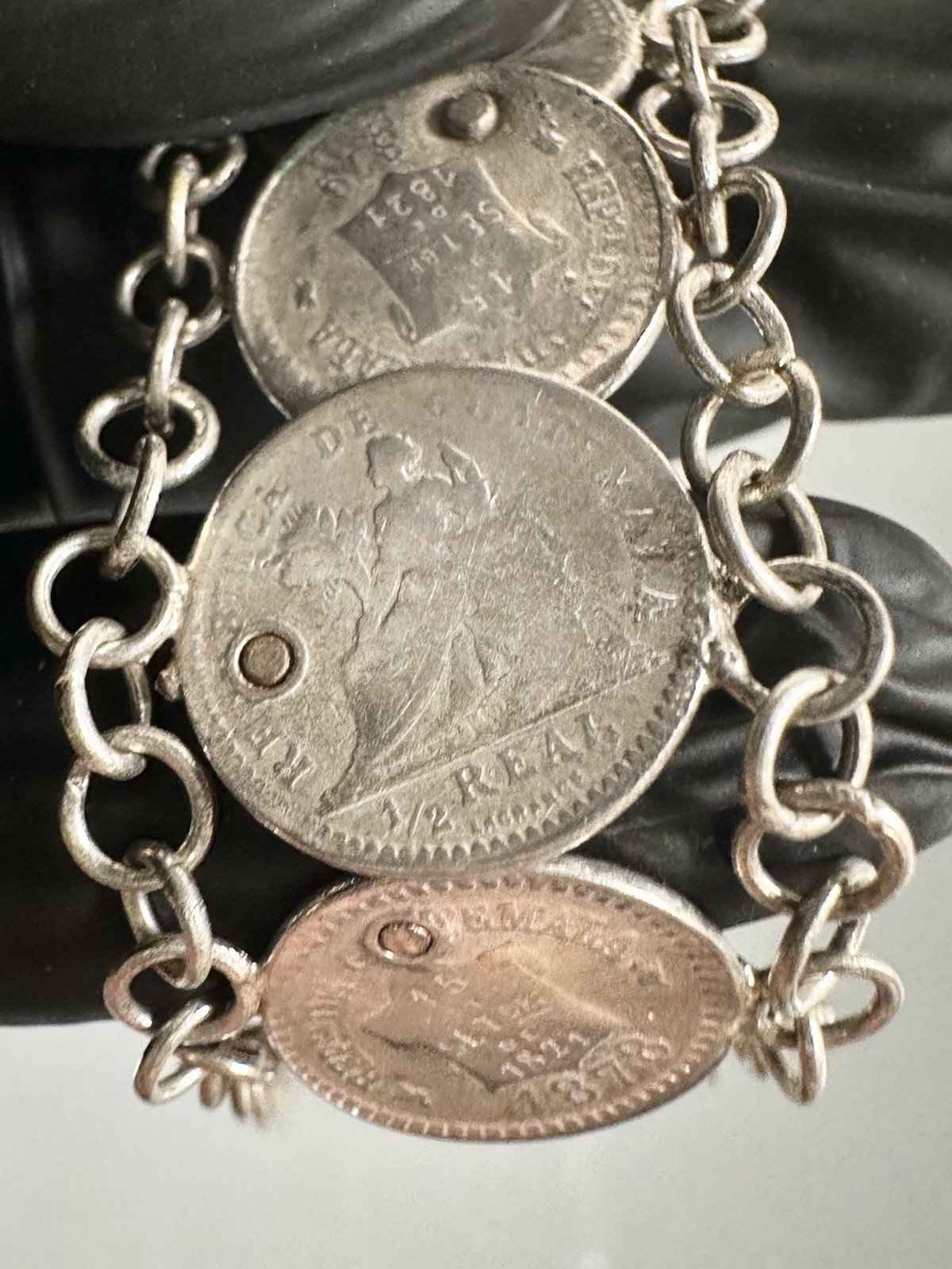 Antique 835 Silver 1800s Guatemala Coins Charm Bracelet 7” Inches