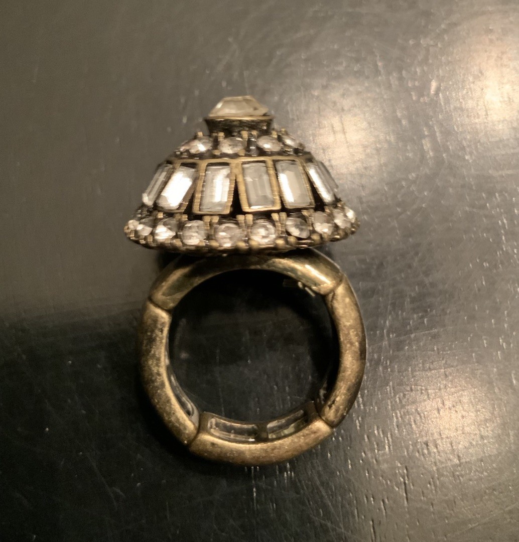 Gold Tone Rhinestone Dome Ring Stretch Tubular Band Fits Various Sizes Boho