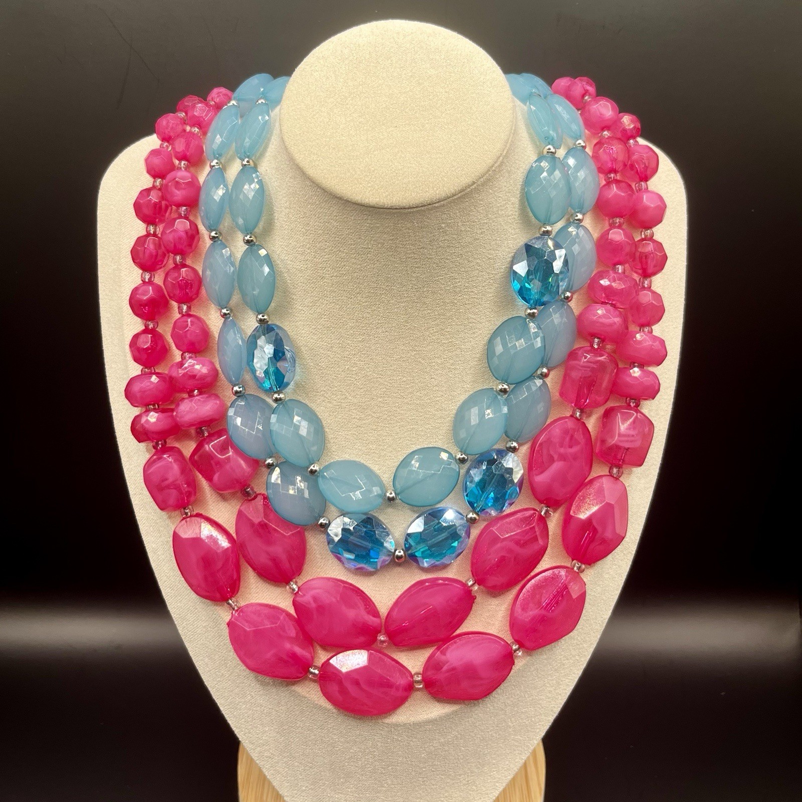 Set Of 2 Necklaces: Sky Blue & Hot Pink Beaded Faceted Chunky Statement Pieces
