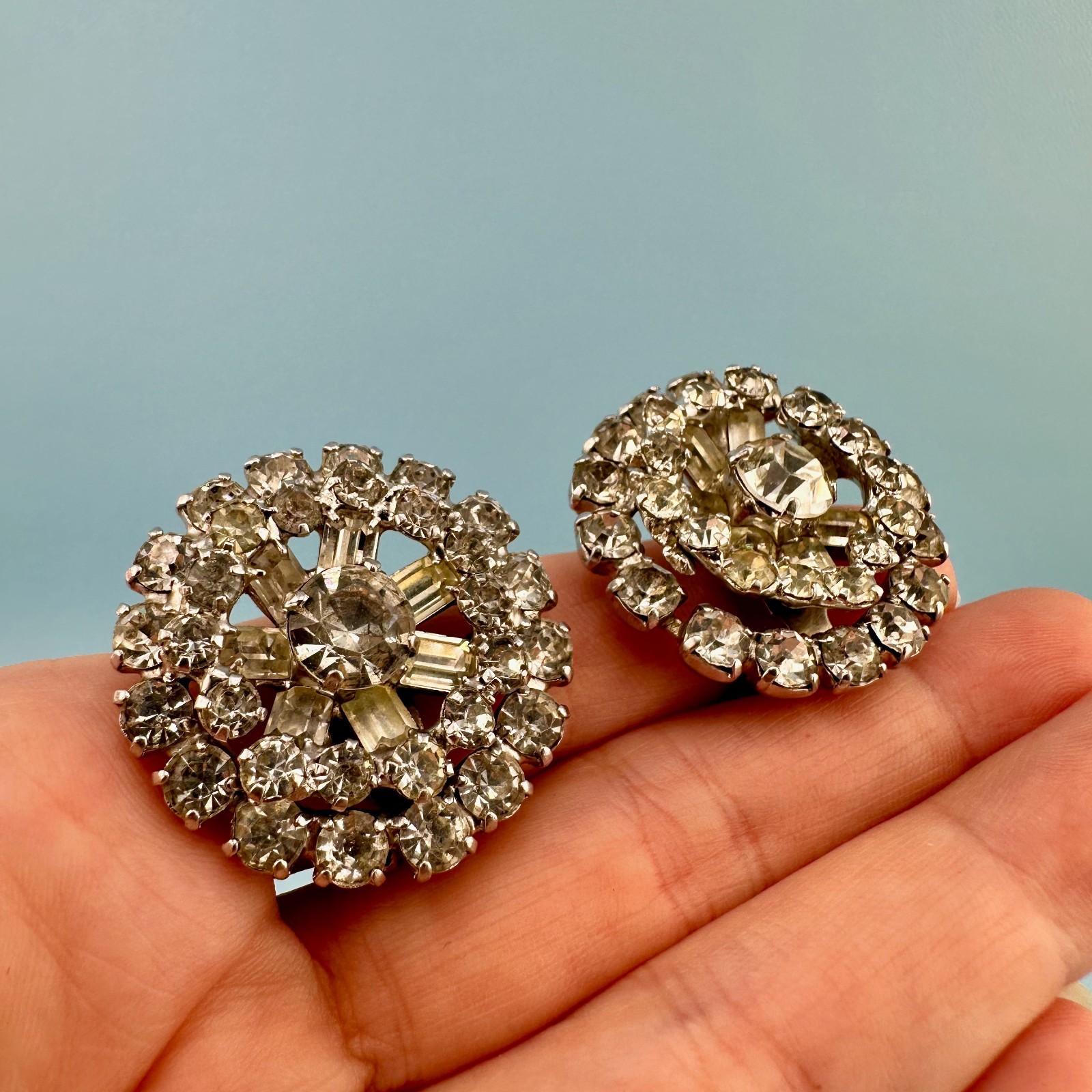Vintage Rhinestone Earrings Silver Tone Round Cluster Baguette Prong Set Clip On