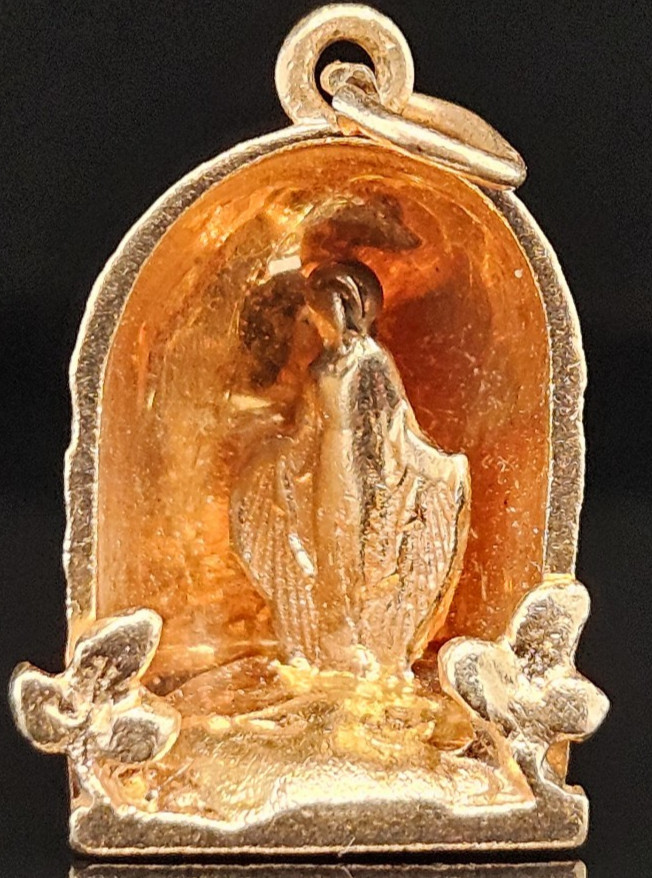 14K Gold OUR LADY OF LOURDES MEDAL VIRGIN MARY Charm Pendant Religious Grotto