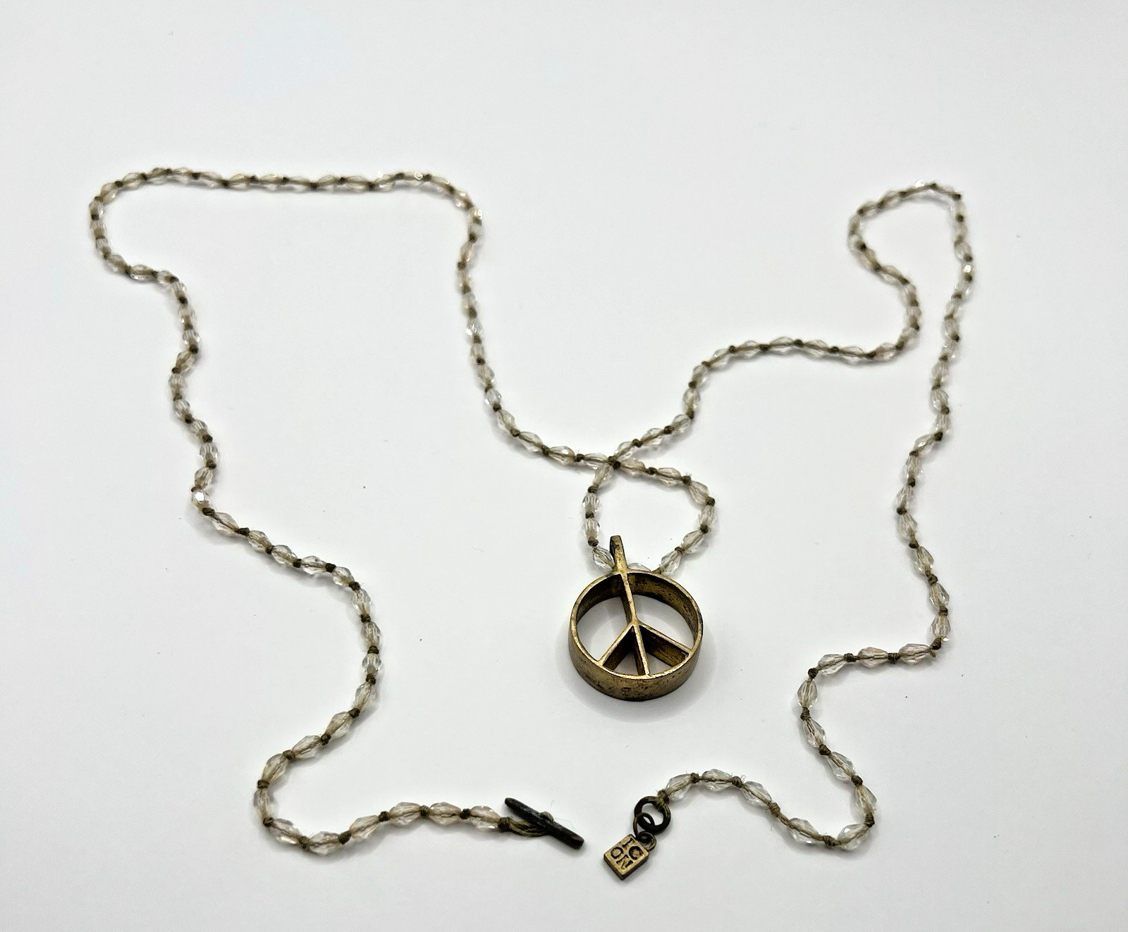 ICON Peace Sign Necklace Brass and Glass Beaded Chain 38” Long Casual Every Day