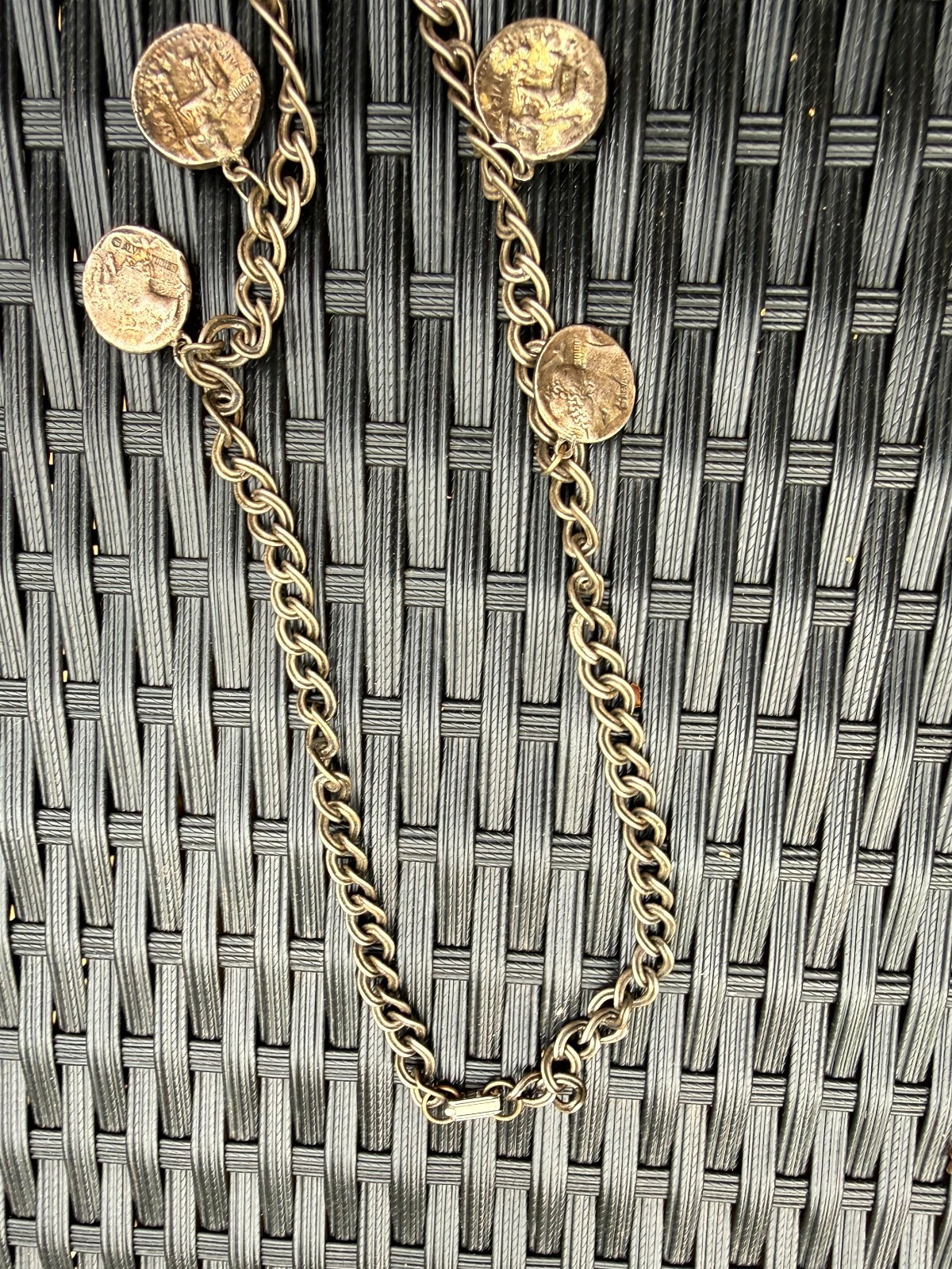 Vintage Alva Studios Gold-Tone Coin Bib Necklace Chunky Chain Statement Pendant