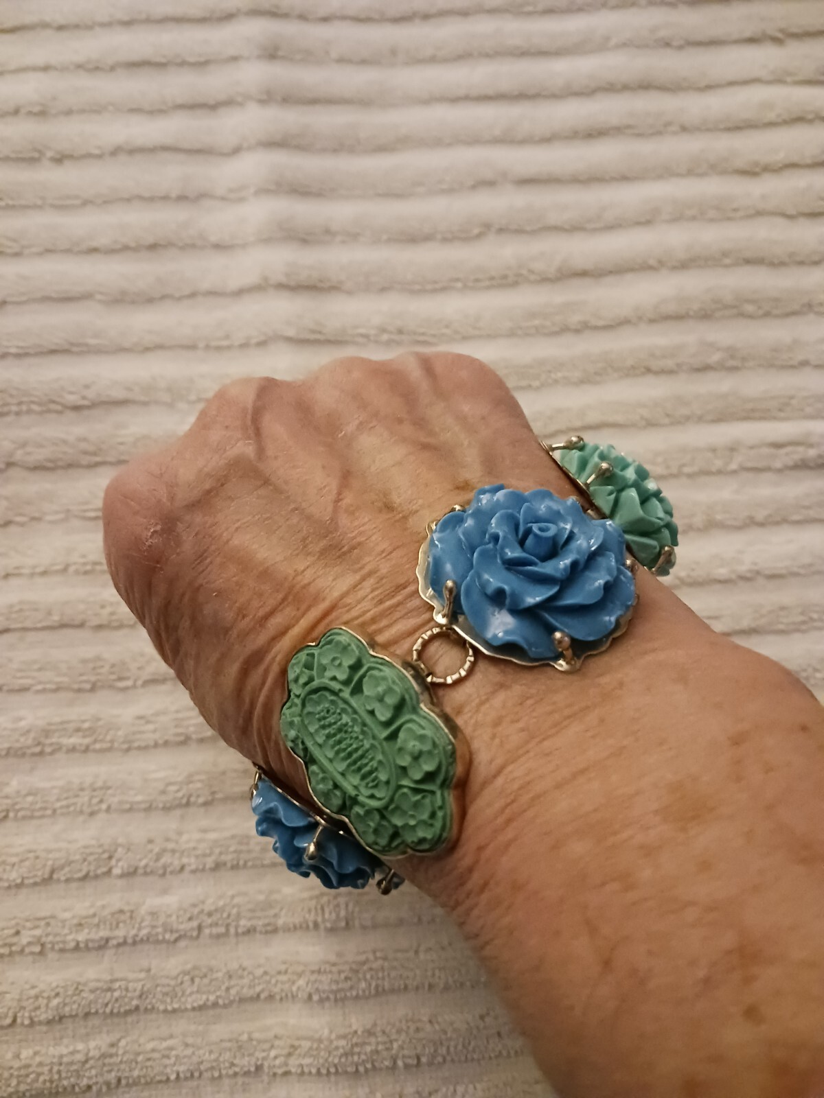 Amy Kahn Russell Green and Blue Carved Flower Bracelet