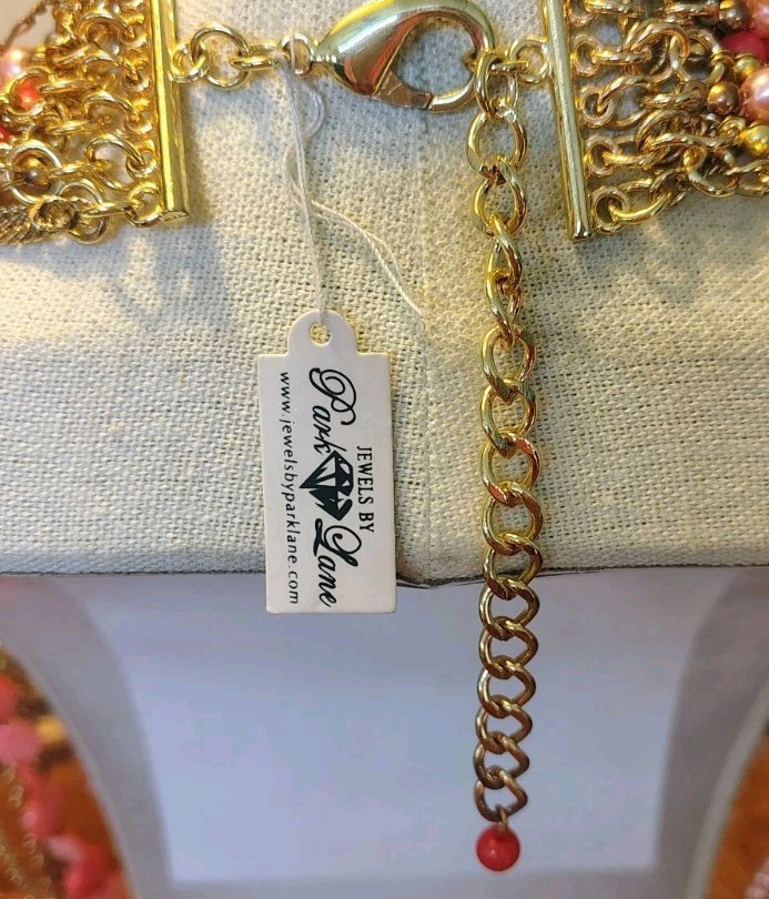 VTG Park Lane Faux Coral Gold Tone Waterfall Necklace Peach Shell Multi Strand