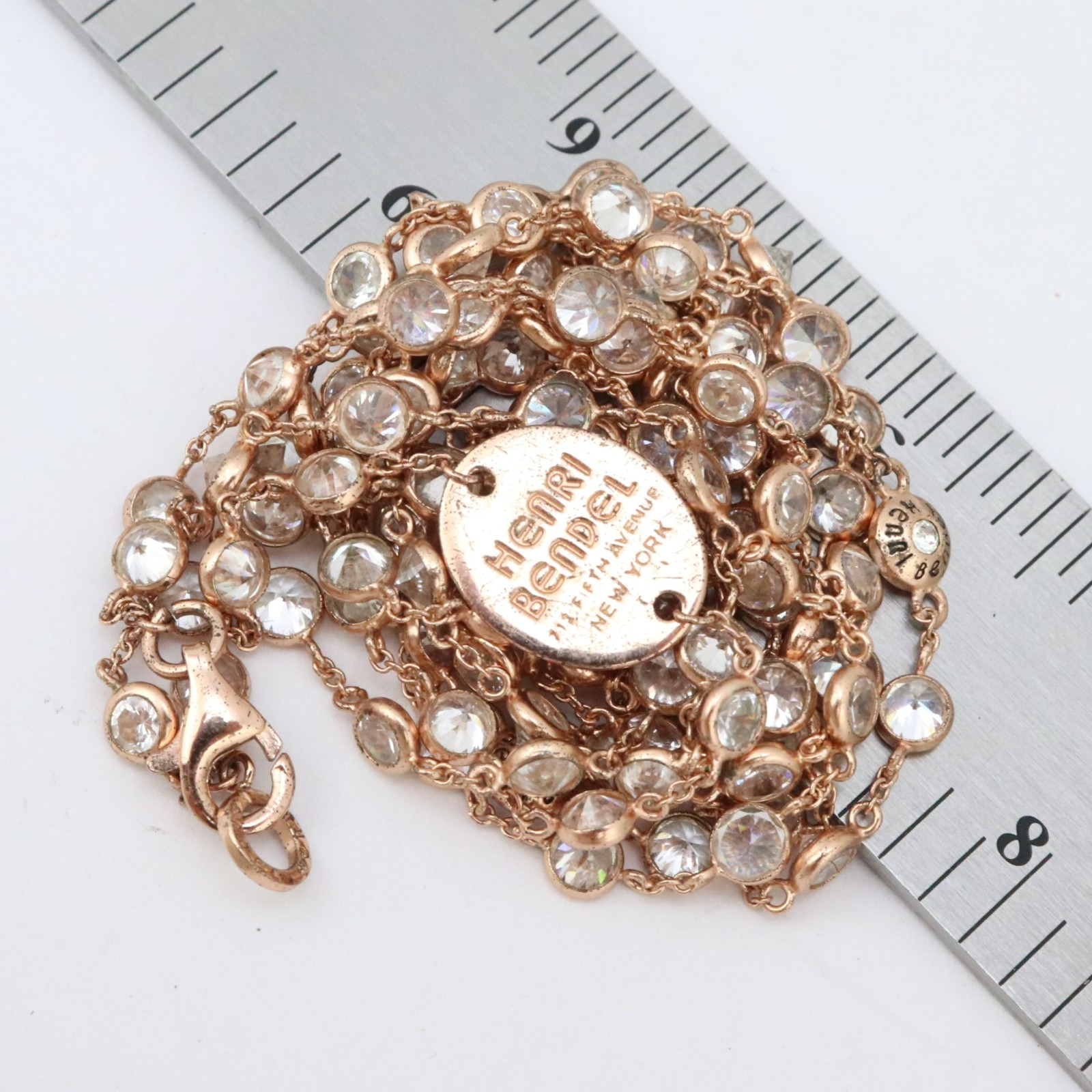 Henri Bendel 925 Sterling Silver Bezel Set Crystal or CZ Necklace Rose Gold Tone