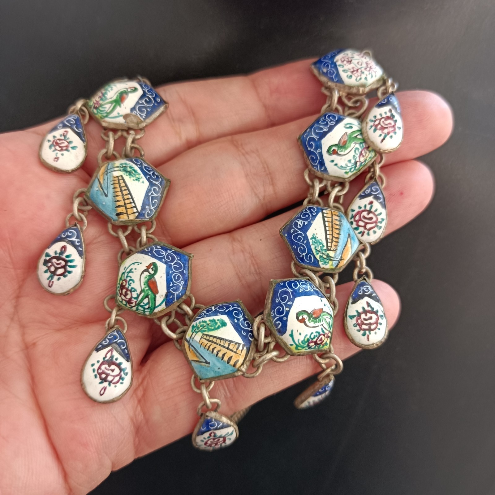 Boho Folk Art Middle Eastern Enamel Chandelier Necklace Blue Birds Landscape VTG