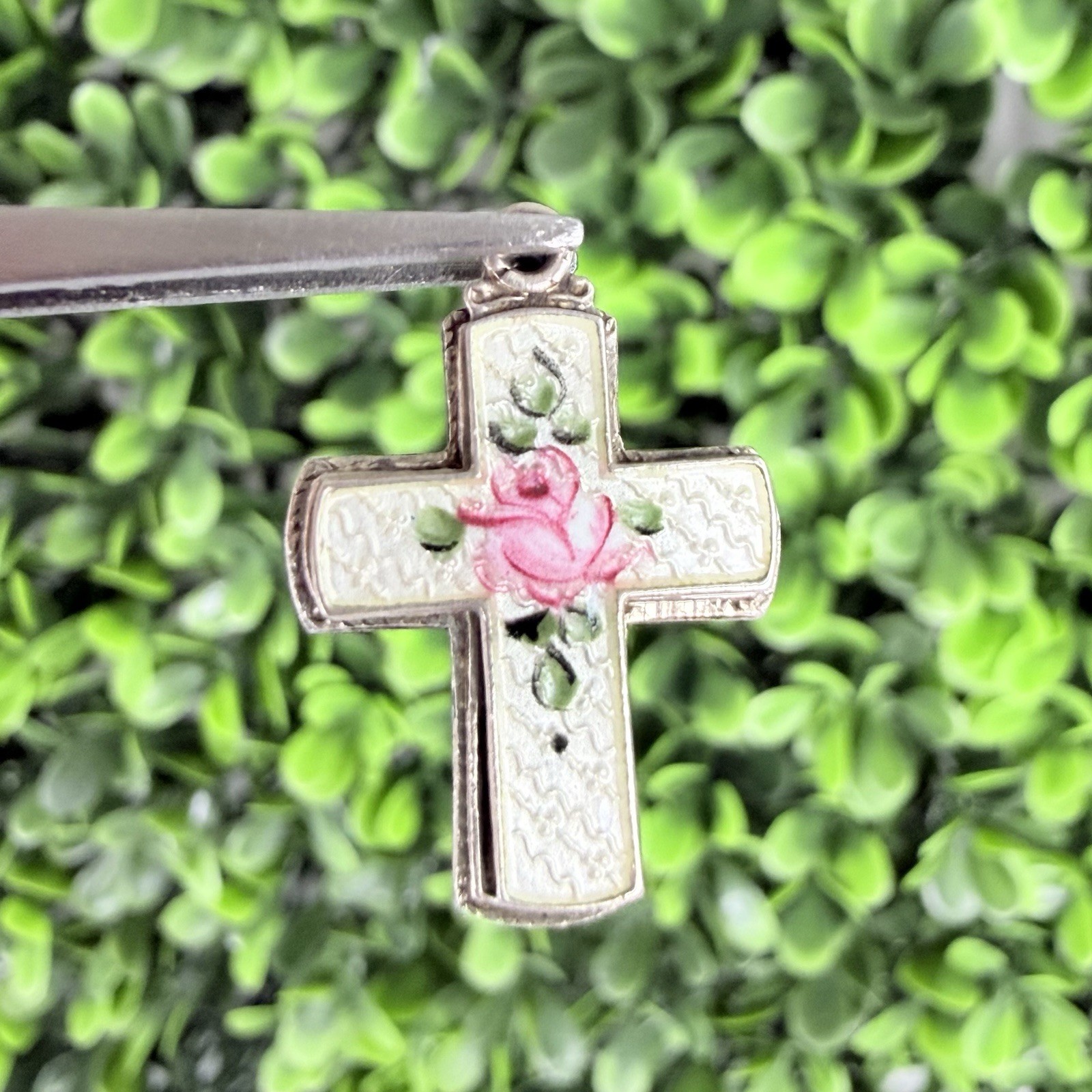 Vintage Possibly Antique Silver Guilloche Slider Rose Cross Necklace Pendant