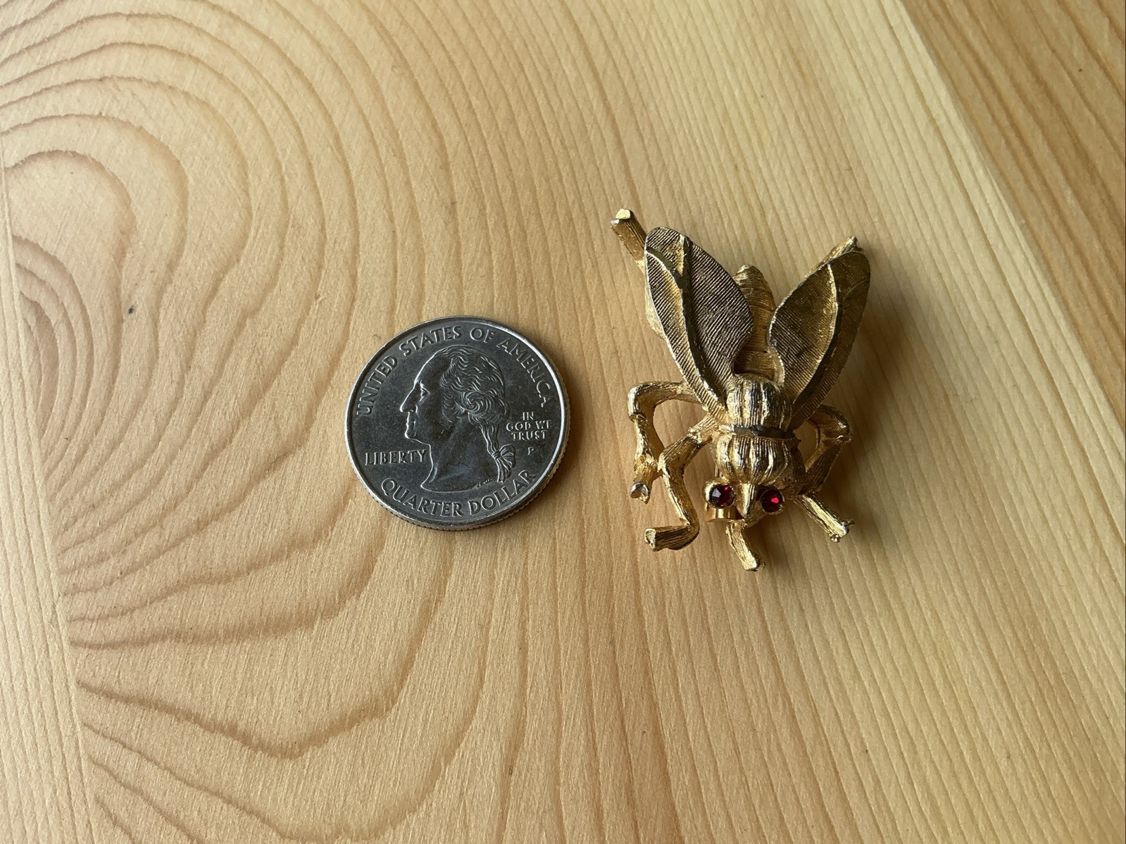 Vintage Fly Brooch Pin with Red Rhinestone Eyes Textured Gold Tone Medium Chunky