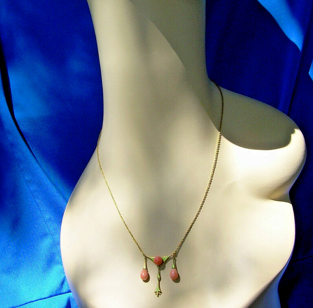 ORIGINAL Art Deco Coral Guilloche Enamel Necklace Solid 14K GOLD 18″ inch Chain