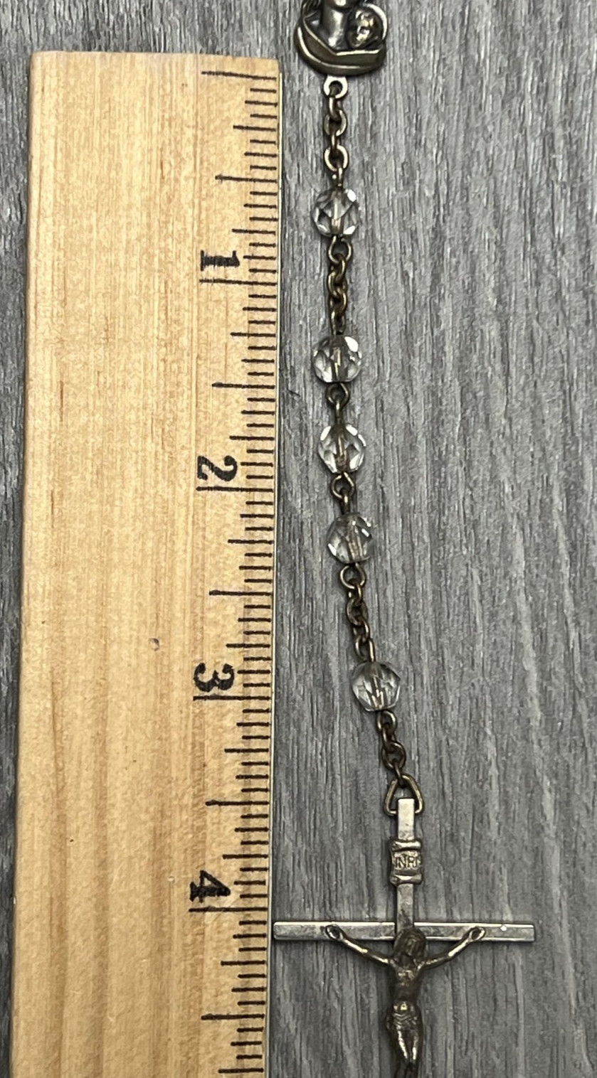 Vintage Catholic Rosary Clear Glass Beads Silver Tone Crucifix Mary Medal