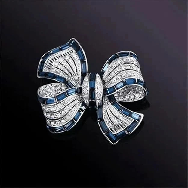 Rhinestone Bow Brooch Pin – Vintage Blue Crystal Lapel Accessory for Women