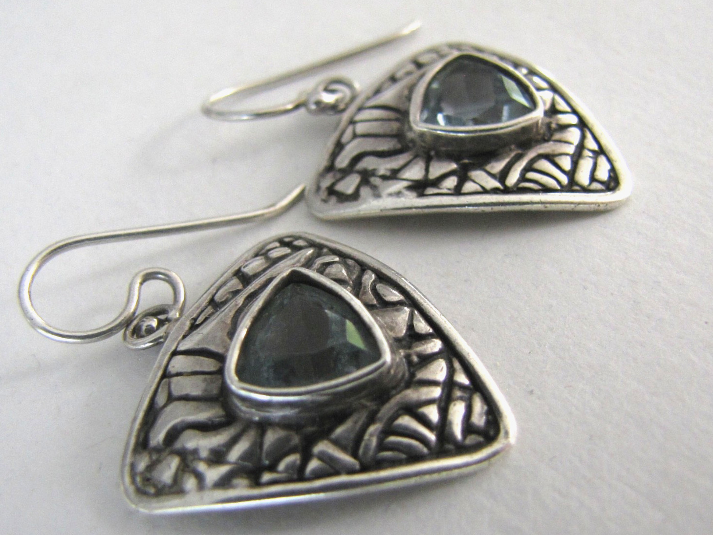 Vintage Sterling Silver Trillion Blue Topaz Tribal Shield Earrings Signed DC 925