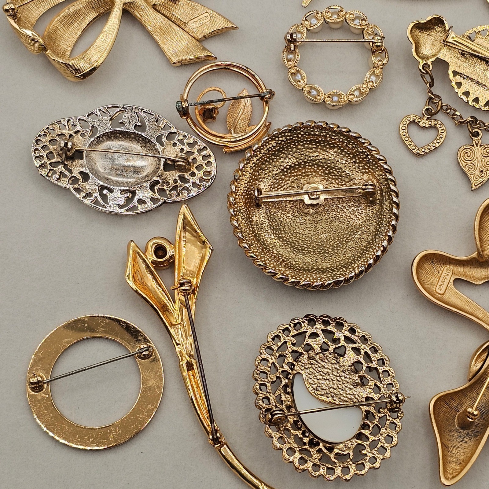Gold Tone Brooch Lot 13pc Gold Tone Faux Pearl Enamel Rhinestone Avon Monet Pins