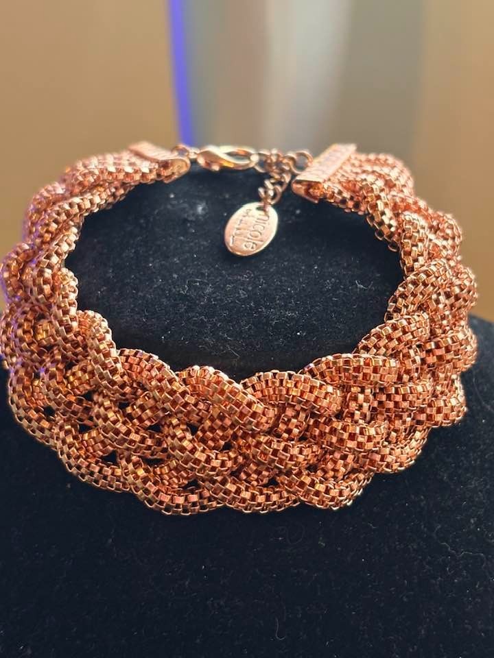 Vintage Nicole Miller Rose Gold Tone Woven Popcorn Mesh Chain Bracelet Signed
