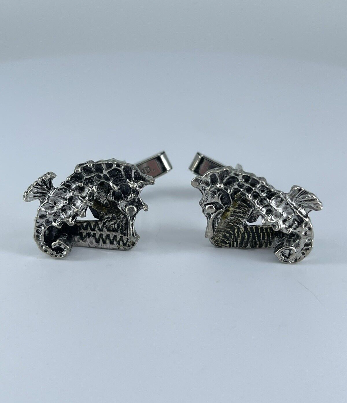 Vintage Seahorse cufflinks silver tone with black enamel accents 1-1/8″