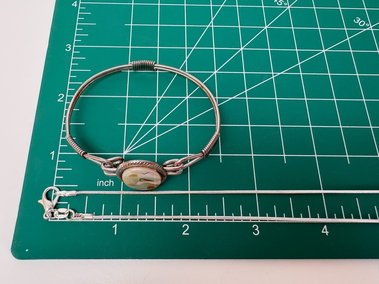 VTG MOP Abalone Mountain Scene Hinged Bracelet & Pendant w/ .925 Silver Necklace
