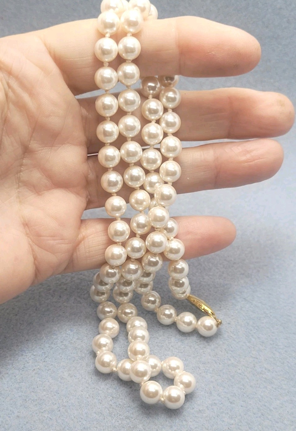 Vintage Pearl Imitation Necklace Silver Clasps, 24in.