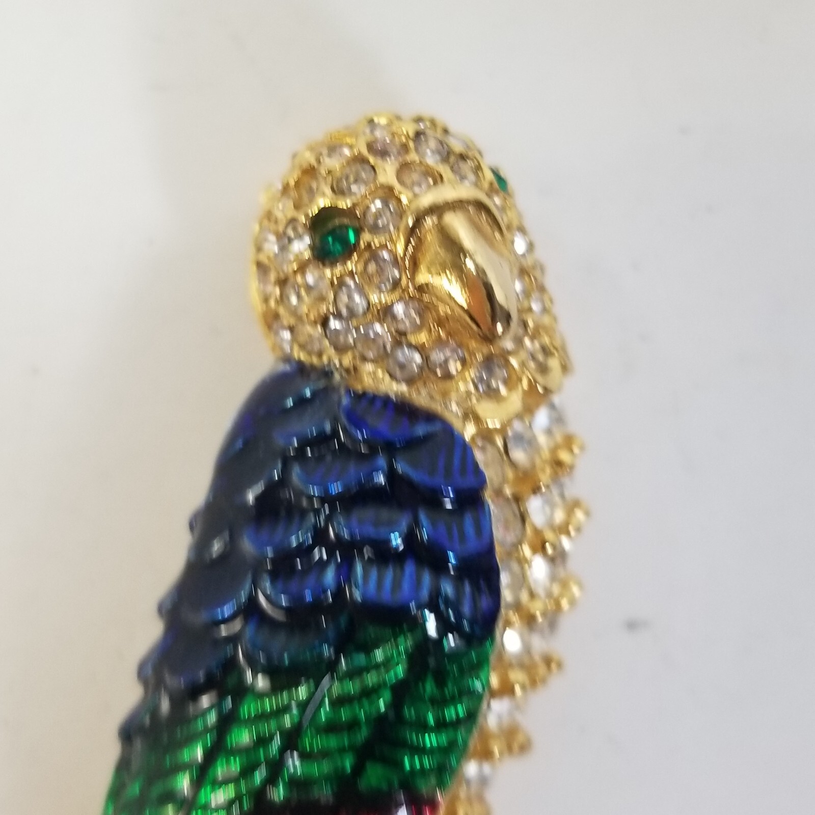 Vintage Rhinestone Parrot Brooch Enamel Red Green Blue Gold Tone Large