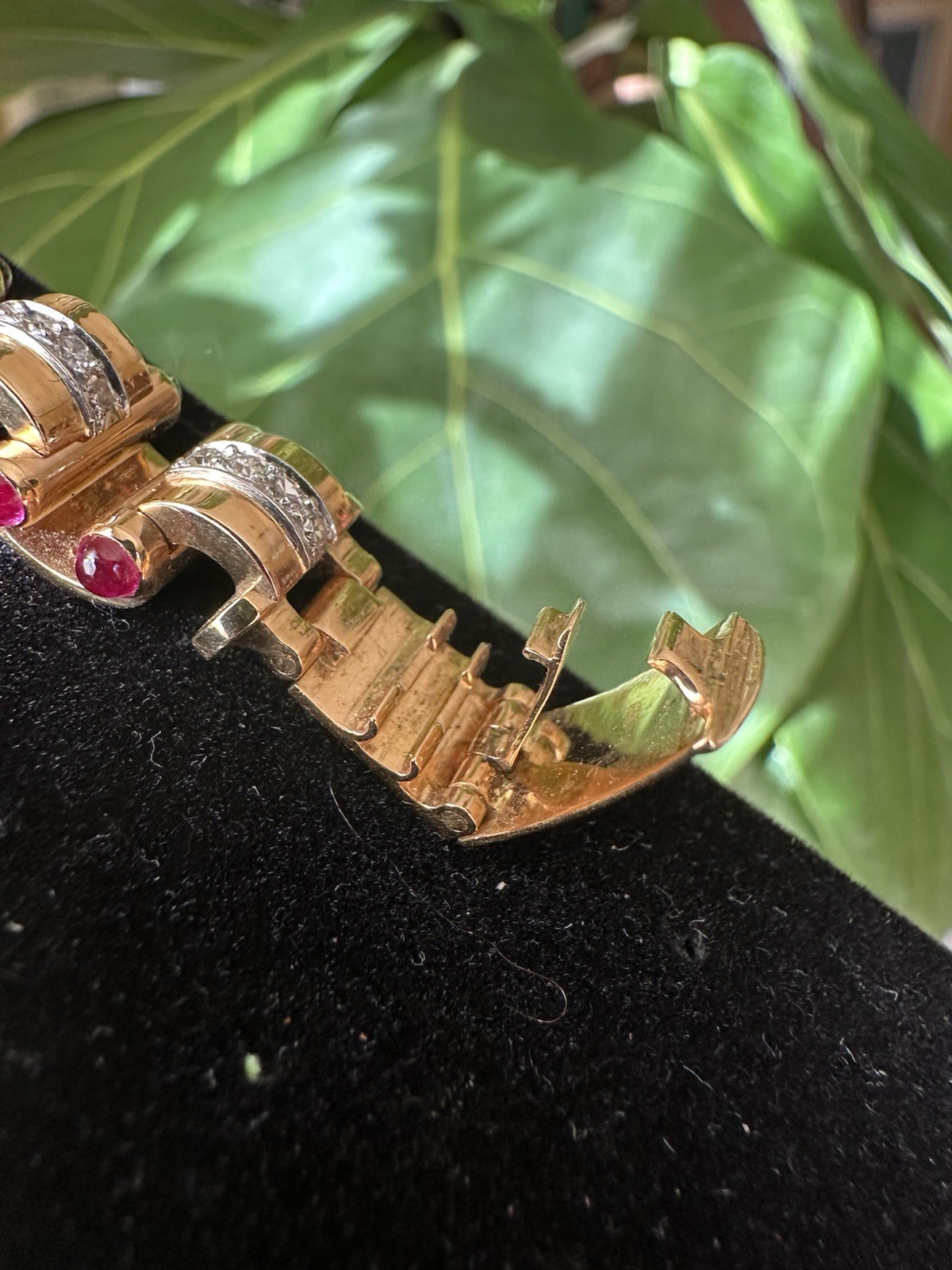 Signed J. Roca Retro Diamond & Cabochon Ruby Bracelet – 18k Rose Gold