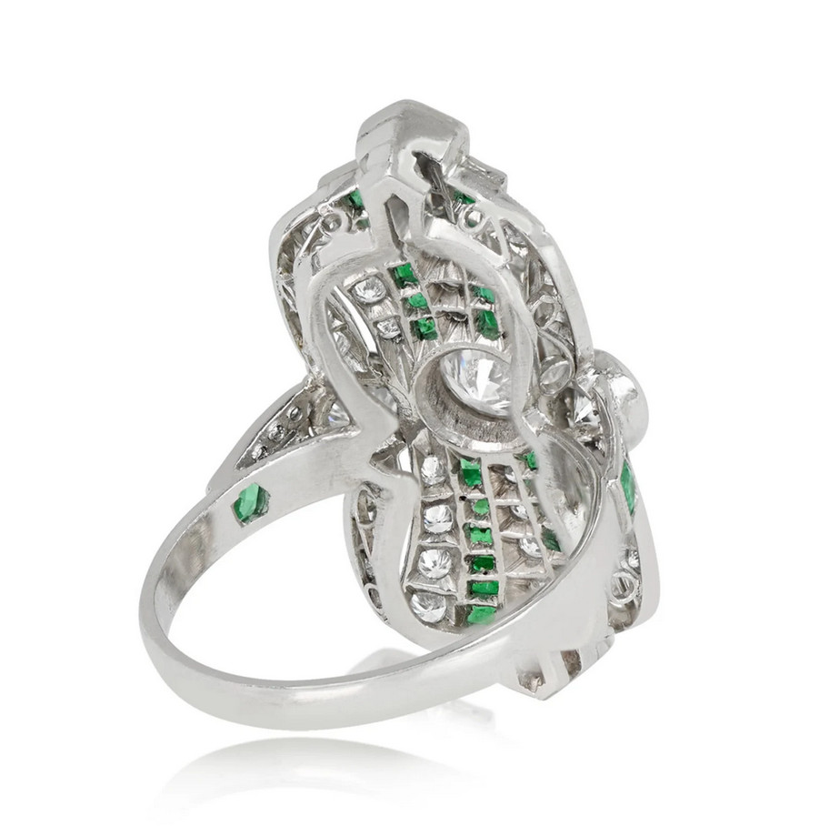 Art Deco Style Old European Cut Lab-Created Diamond And Emerald Ring 925 Silver