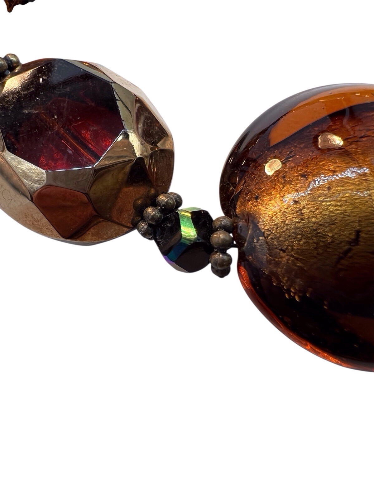 Signed Art Glass Bead Neckllace Nena N Black Gold Foil Faceted Red AB Accent WB