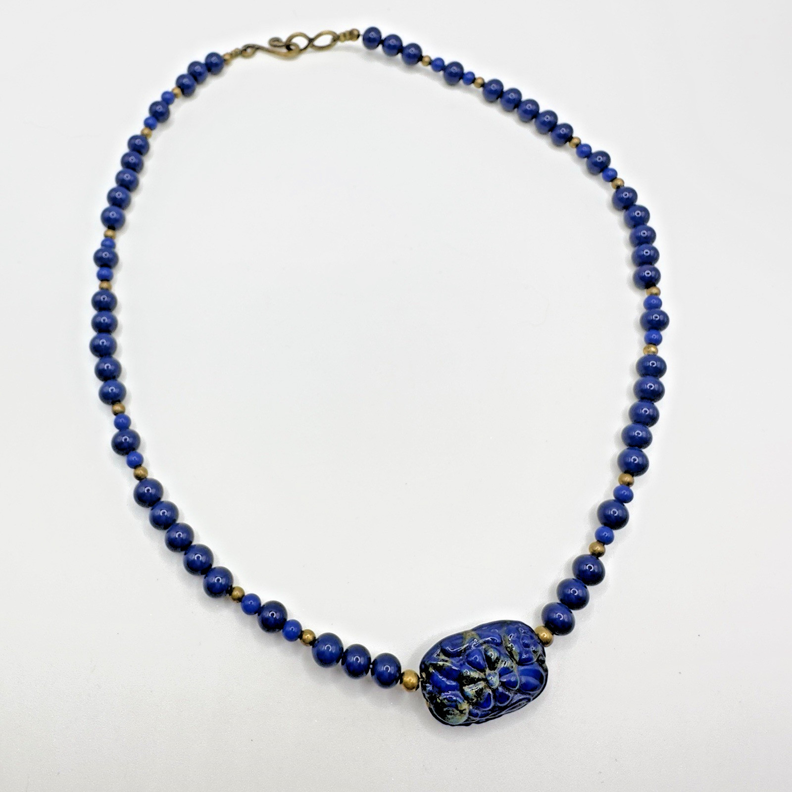 Artisan Blue Beaded Necklace Carved Floral Center Brass Hook Clasp 18″ Handmade