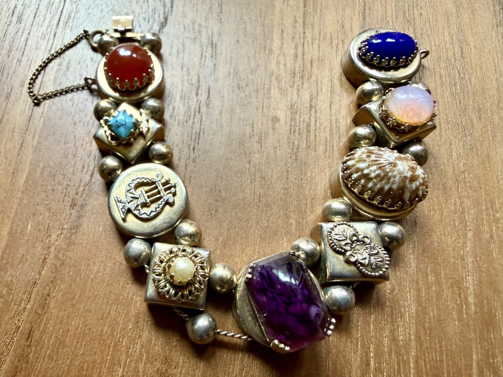 Victorian Revival Slide Bracelet with Gemstone and Shell Charms Vintage 7.5″