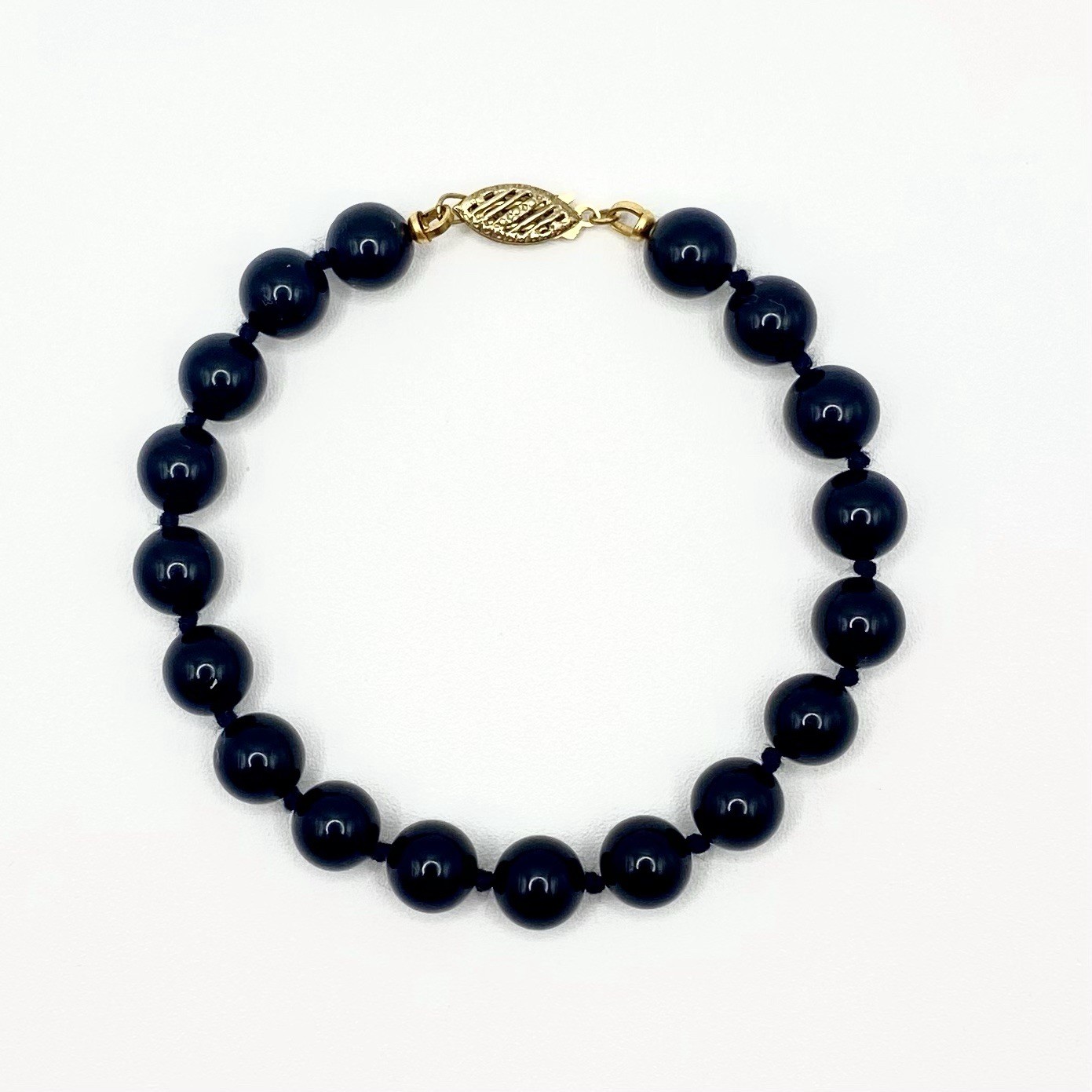Vintage Black Round Beads Bracelet 925 Sterling Silver Clasp Gold Tone Hand Knot