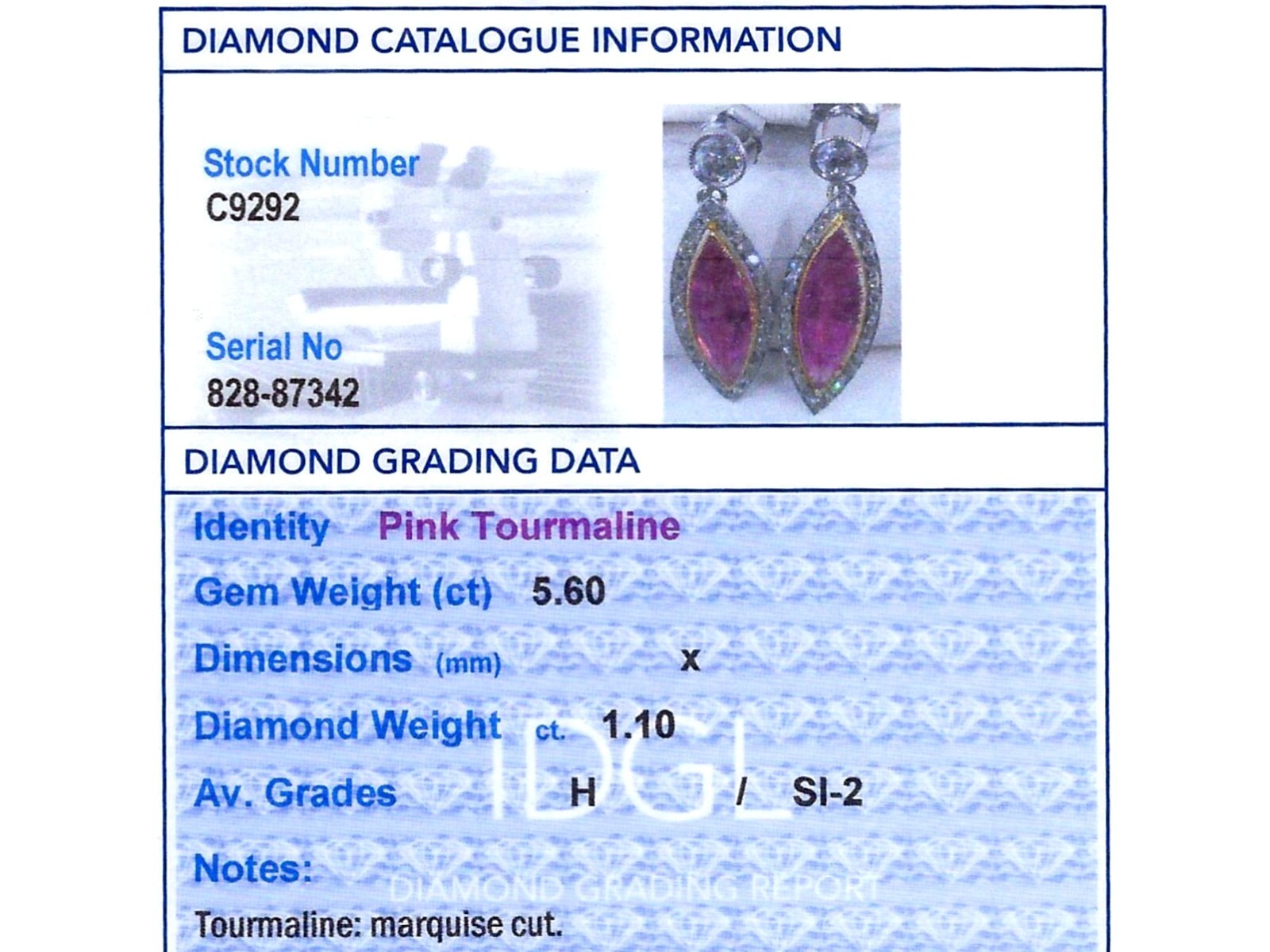 5.60Ct Pink Tourmaline and 1.10Ct Diamond, Platinum Drop Earrings Circa 1925