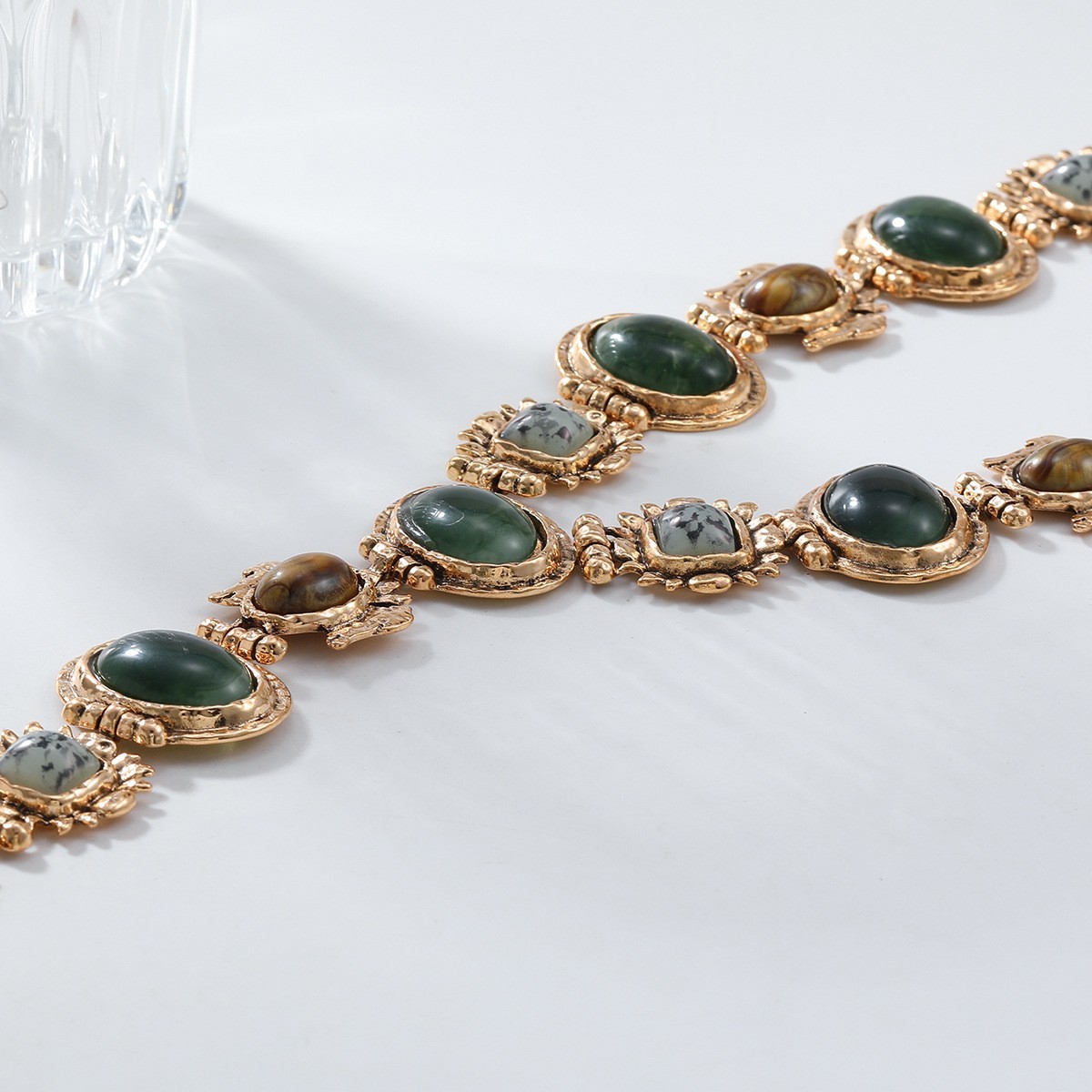 Vintage Glam Green stone Tiger Eye Choker Gold Victorian Statement Necklace gift