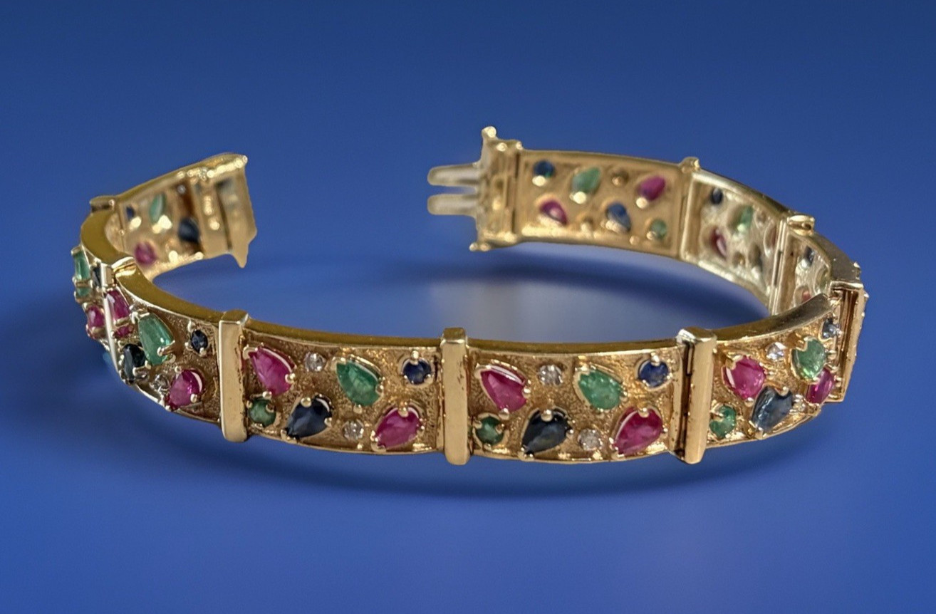 Vintage 14K Yellow Gold Ruby Emerald Sapphire Diamond Link Bracelet 7.25”