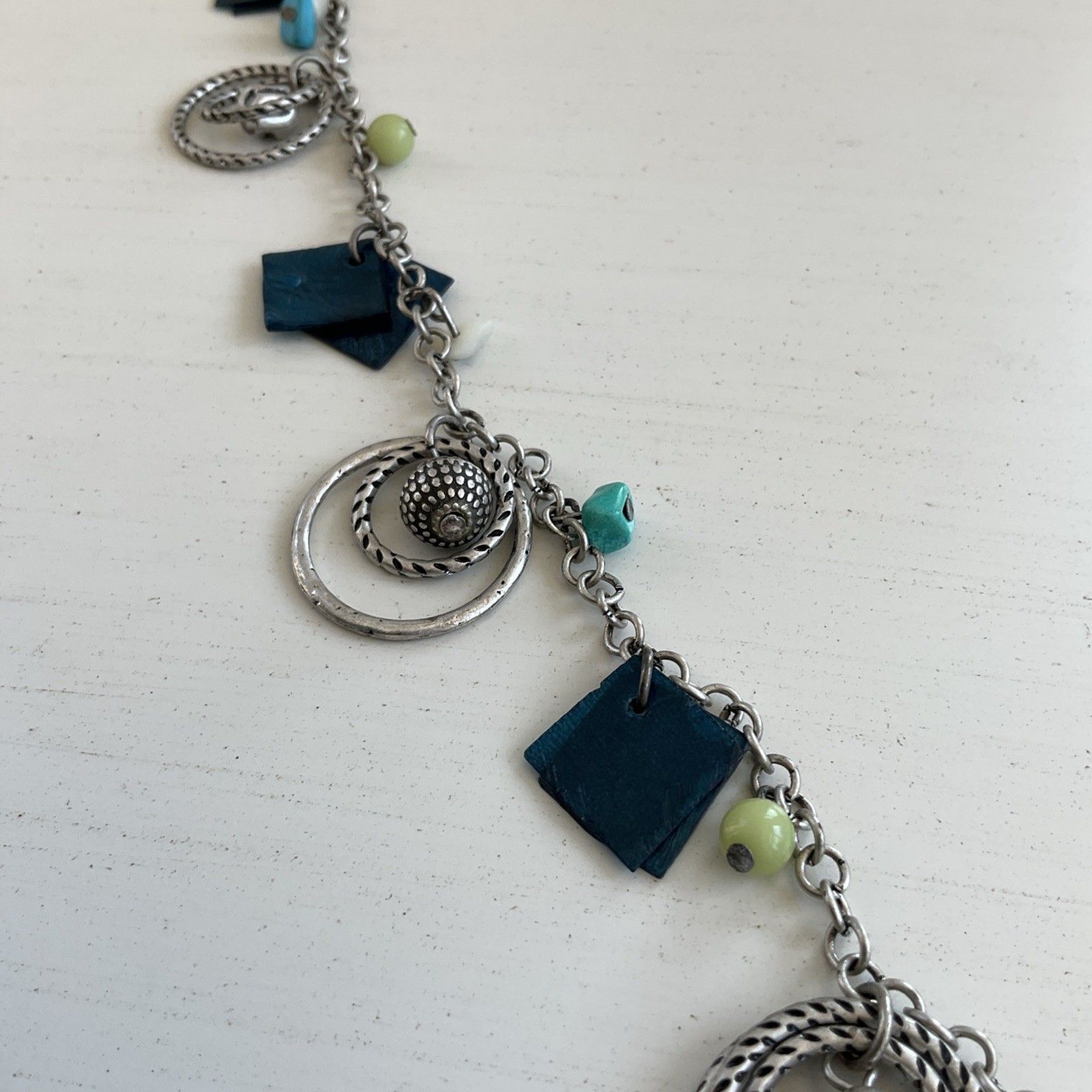 Vintage Women’s Long Dangle Necklace Beaded Blue Shells Green Gypsy Retro