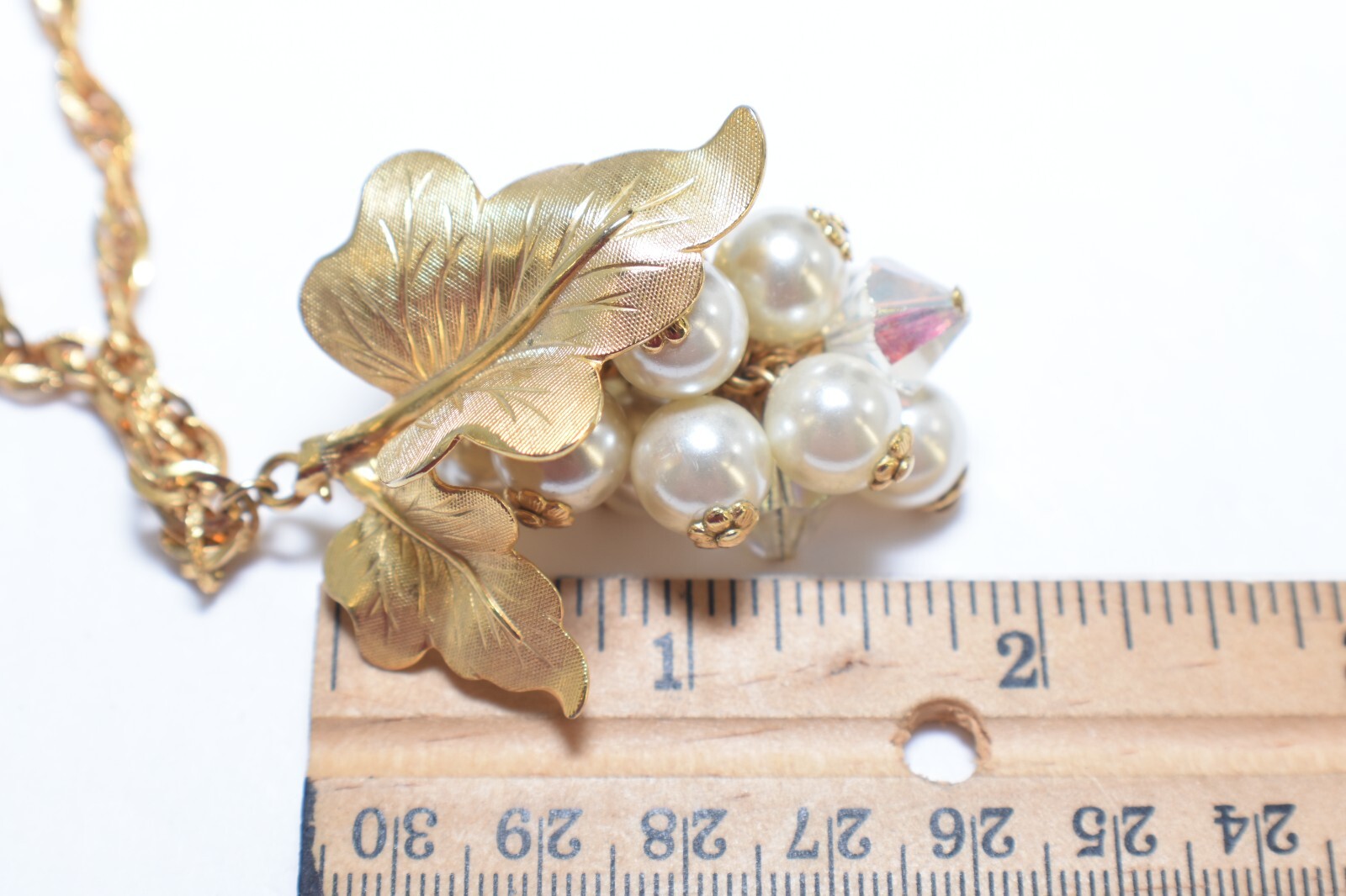 Vintage unsigned Bunch of Grapes necklace, gold tone, faux pearl & crystals 20″