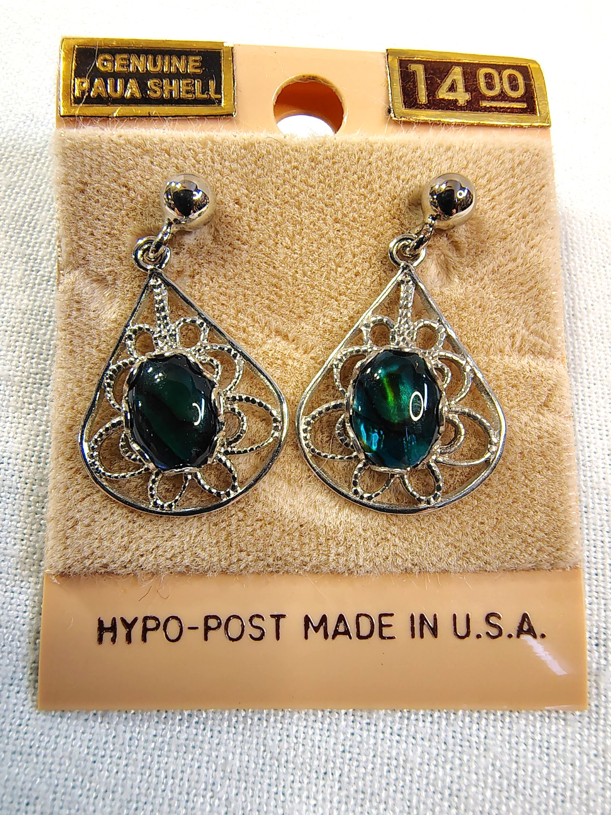 Vintage Paua Shell Silver Tone Earrings Abolone Blue Green Teardrop Filigree