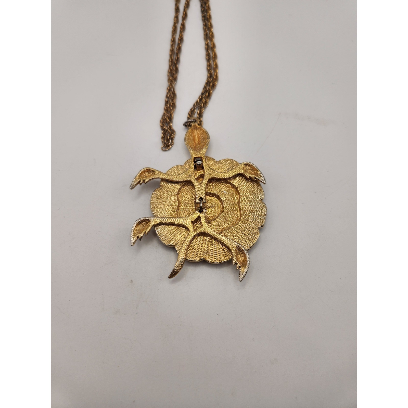 Vintage Gold Tone Enamel Turtle Pendant Necklace Red Black Large Statement Retro