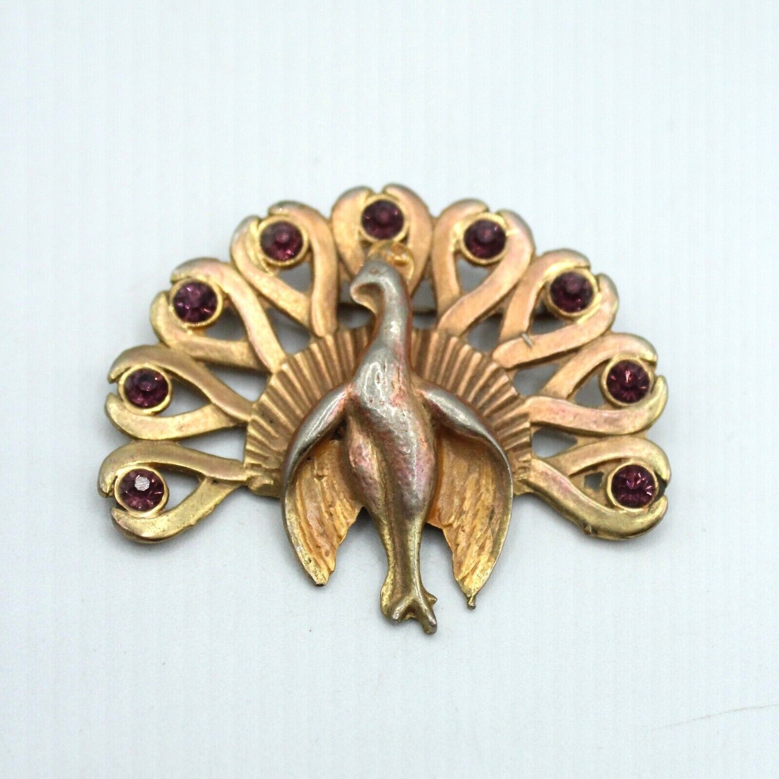 Peacock Brooch Pin w/ Purple Rhinestones Gold Tone 1920s 1930s
