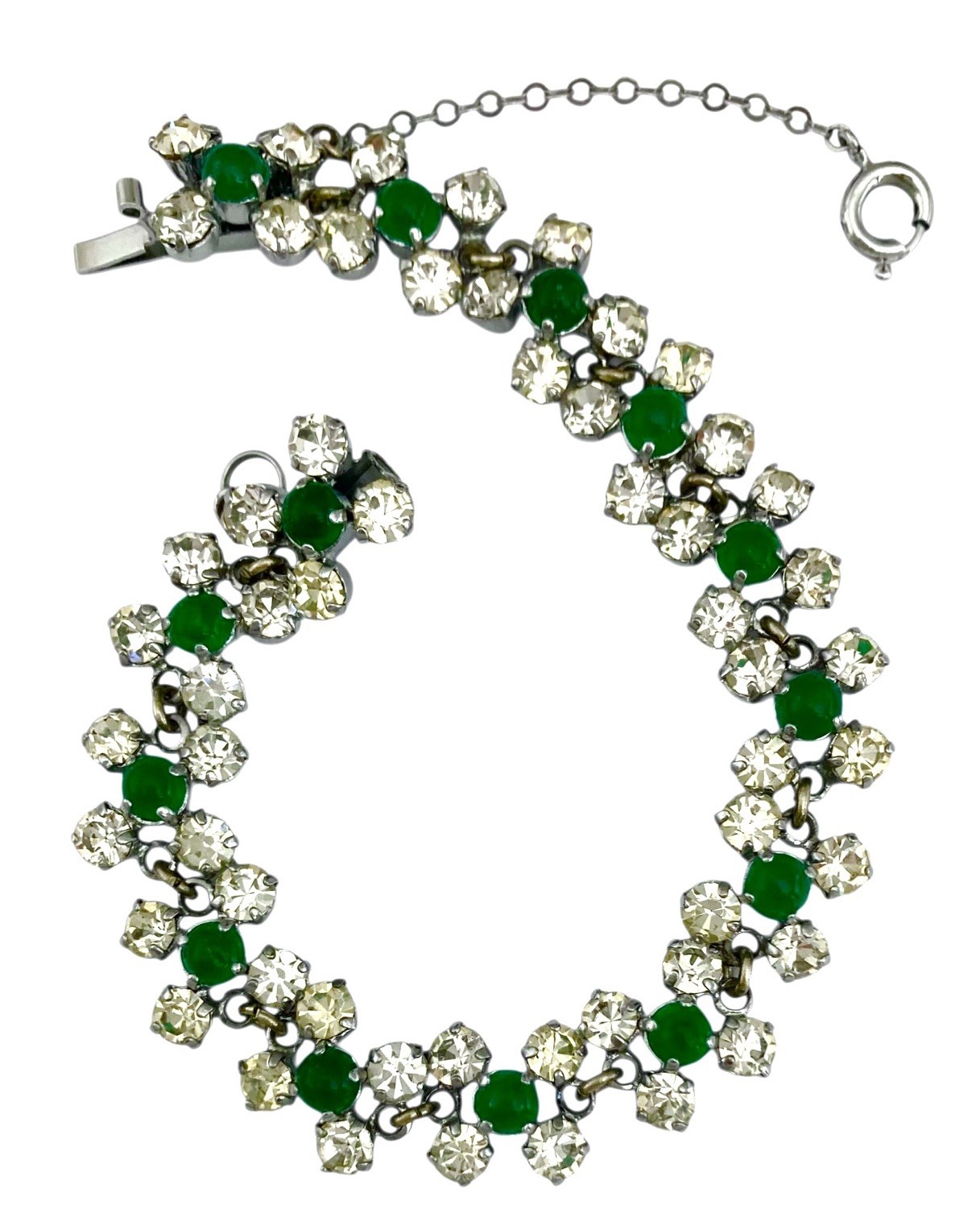 VINTAGE 1950’s Silver Tone Faux EMERALD & CLEAR AUSTRIAN CRYSTAL Link Bracelet