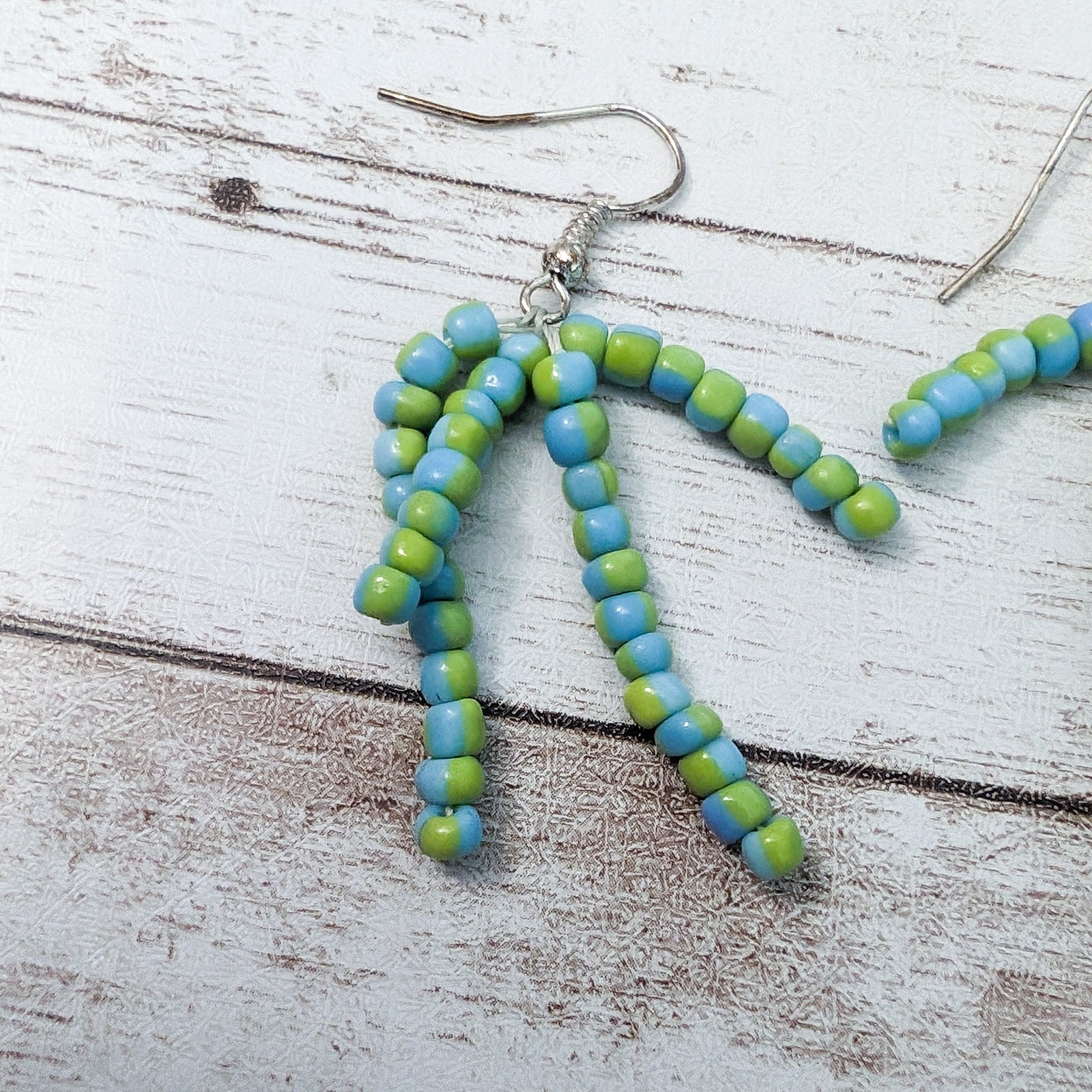 Vintage Earrings For Pierced Ears Light Blue & Green Beaded Dangle