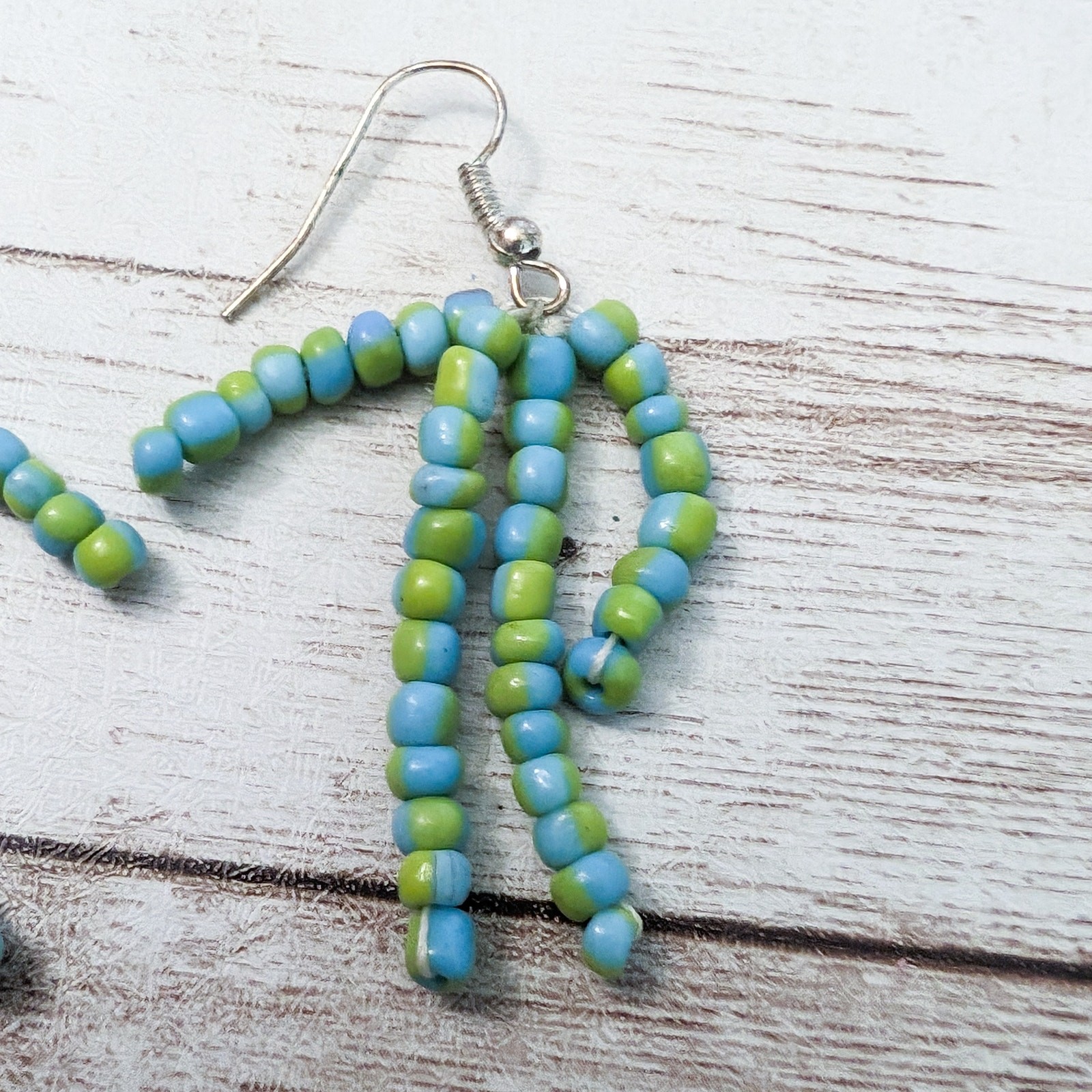 Vintage Earrings For Pierced Ears Light Blue & Green Beaded Dangle