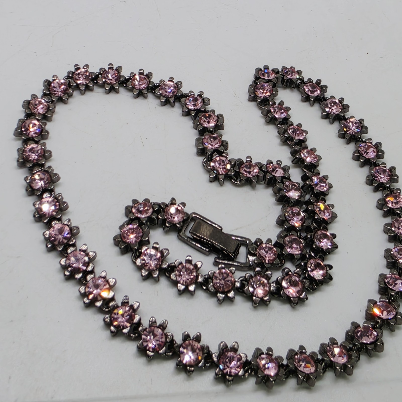 Vintage Pink Crystal Rhinestone Floral Starburst Tennis Necklace Gunmetal Strand