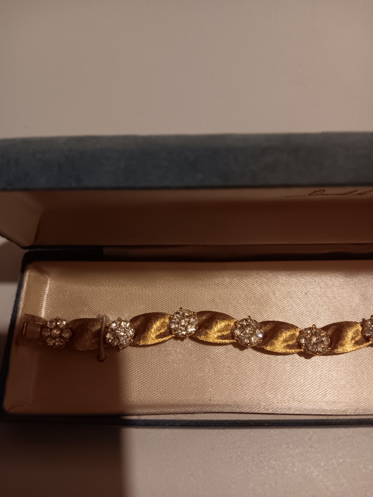 Vintage CROWN TRIFARI Birthday Ribbon Link Clear Rhinestone Bracelet-April!