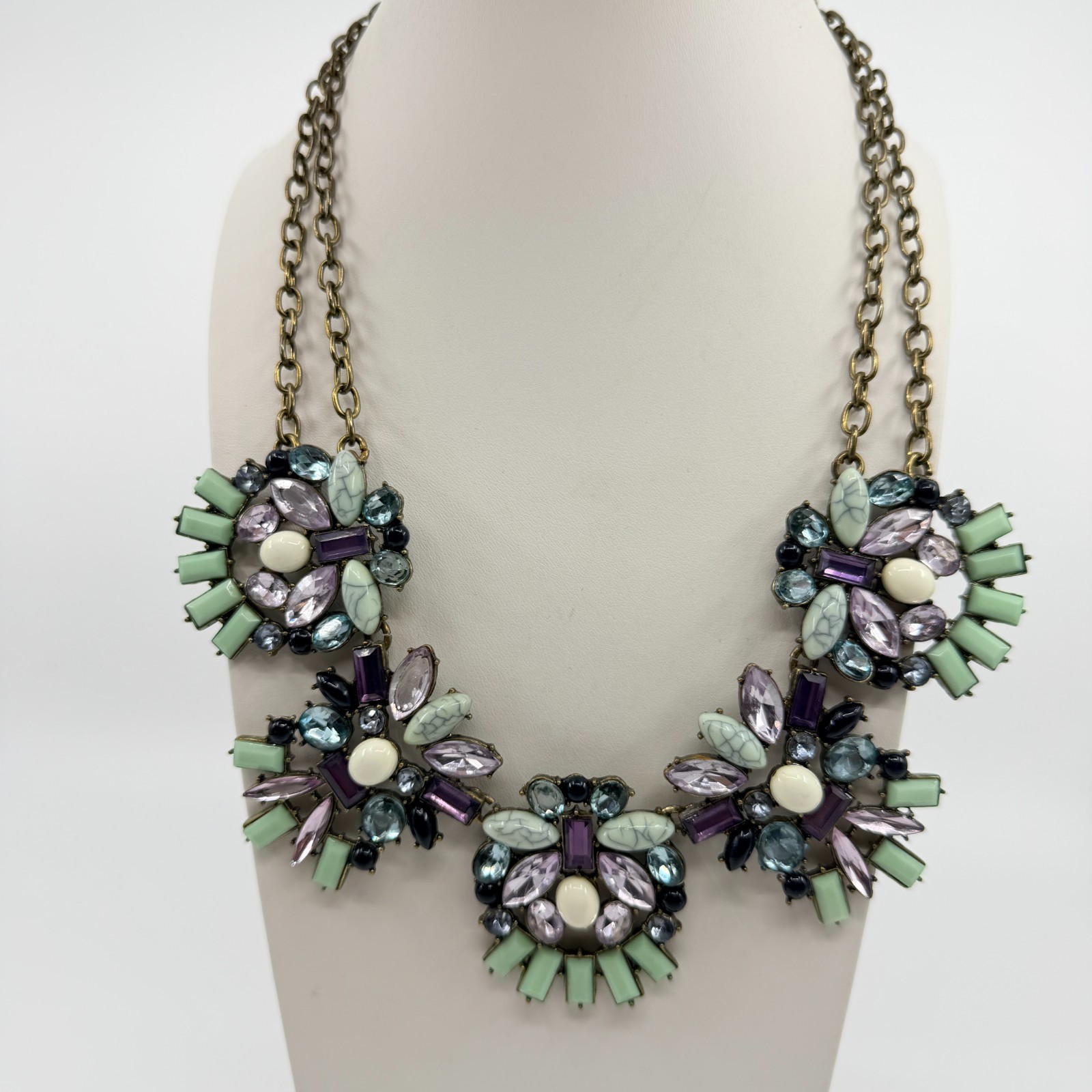 Vintage Brass Tone Rhinestone Mosaic Statement Necklace Cluster Chunky Bib Retro